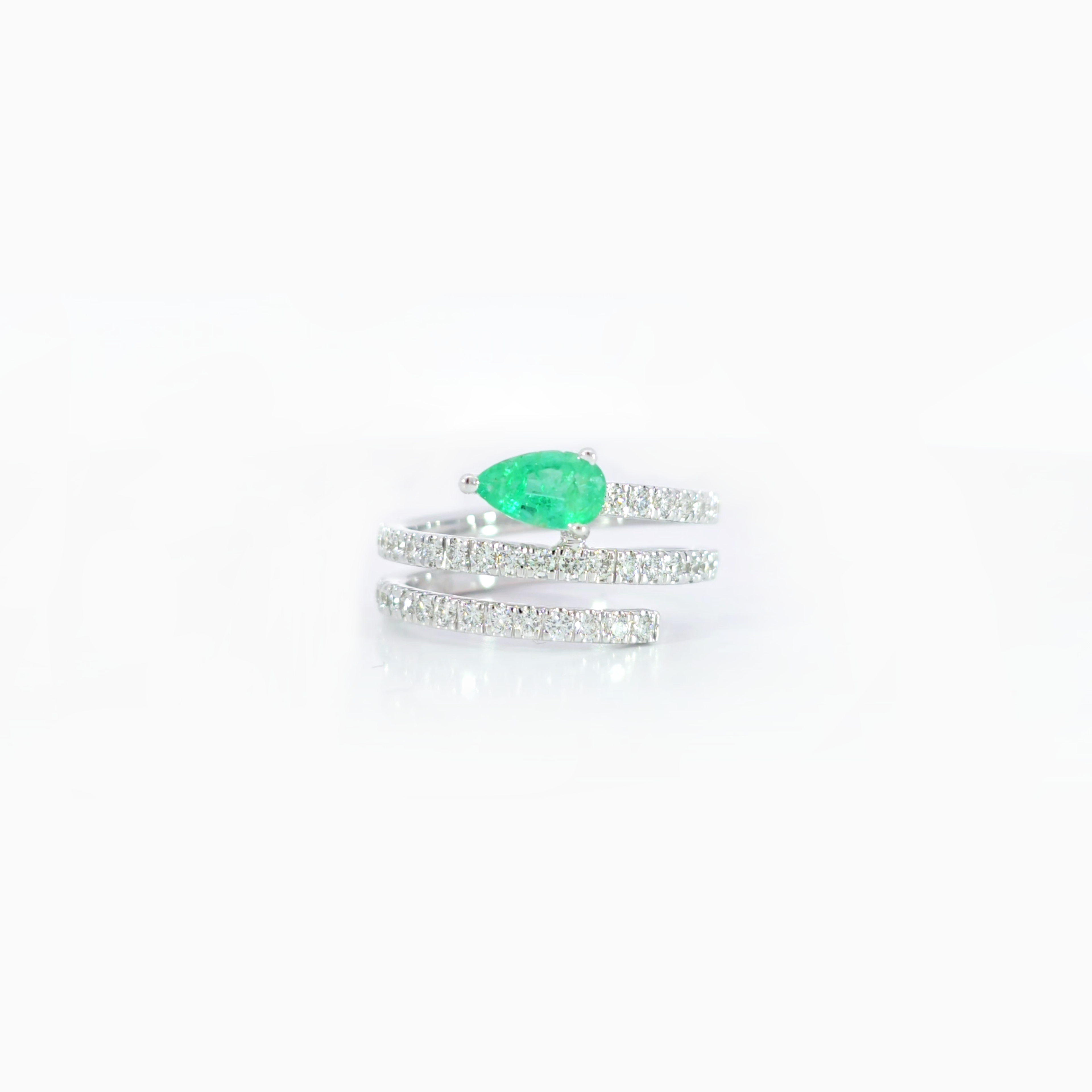 Green Pear Emerald Spiral Ring with Diamond Pavé in 18K White Gold