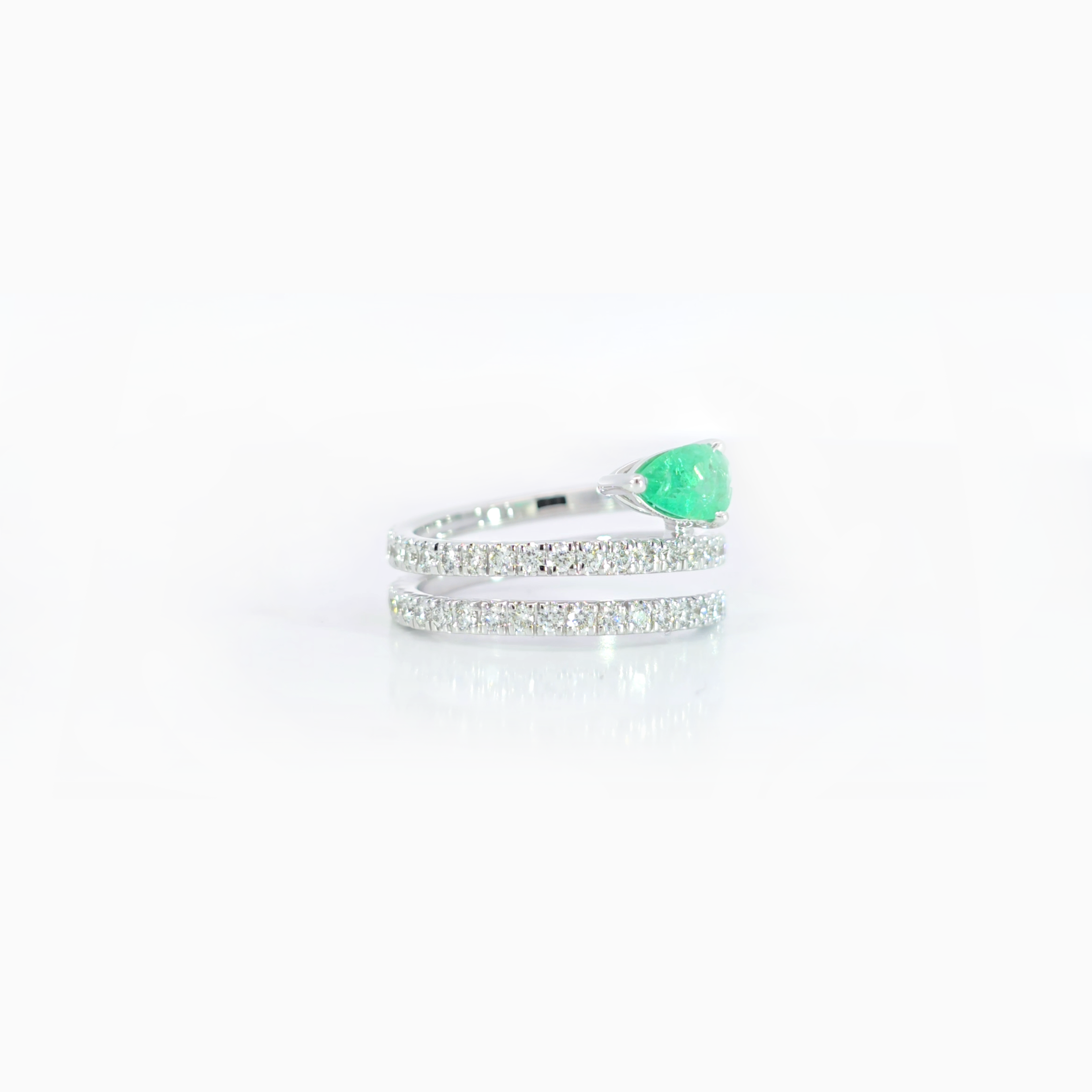 Green Pear Emerald Spiral Ring with Diamond Pavé in 18K White Gold
