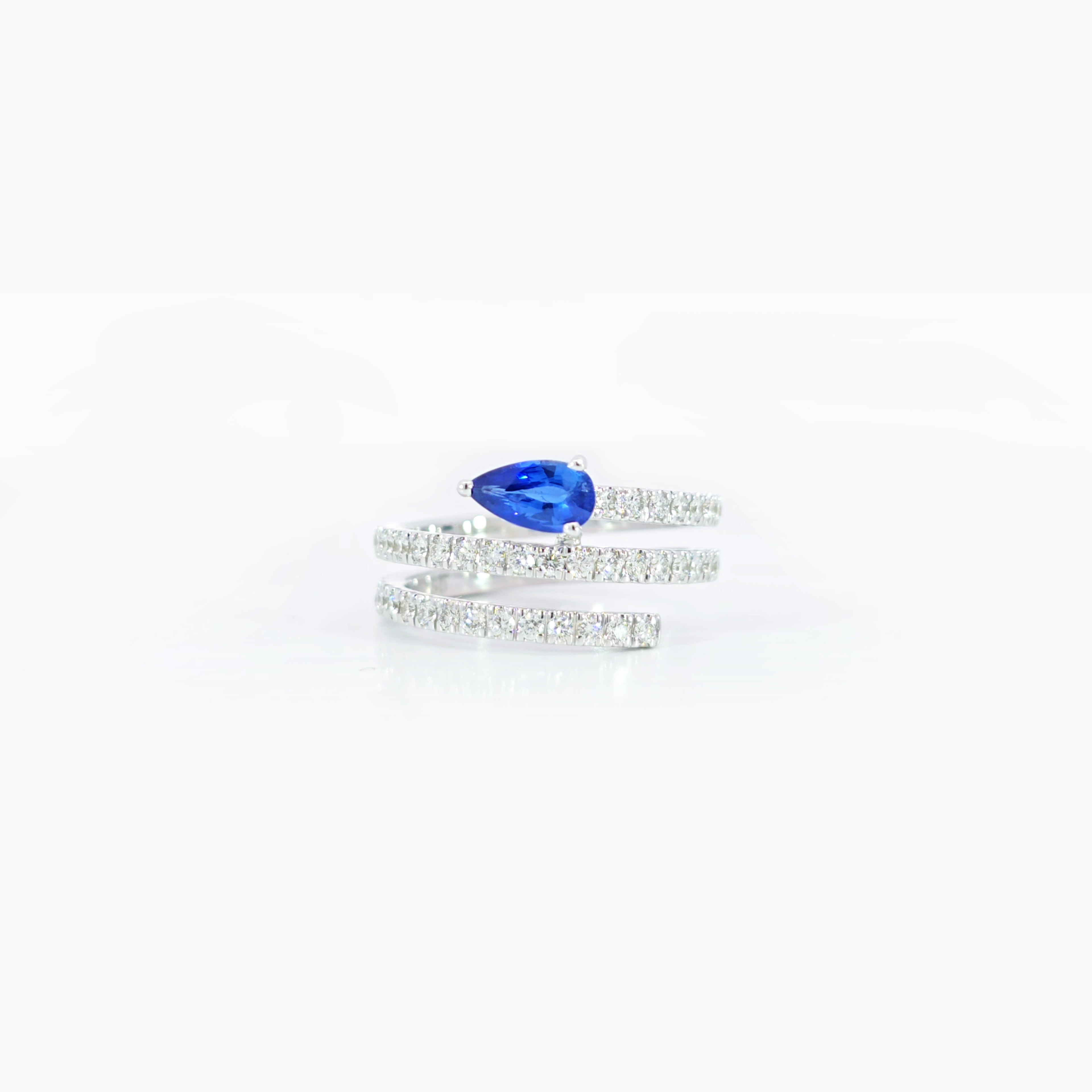 Blue Pear Emerald Spiral Ring with Diamond Pavé in 18K White Gold