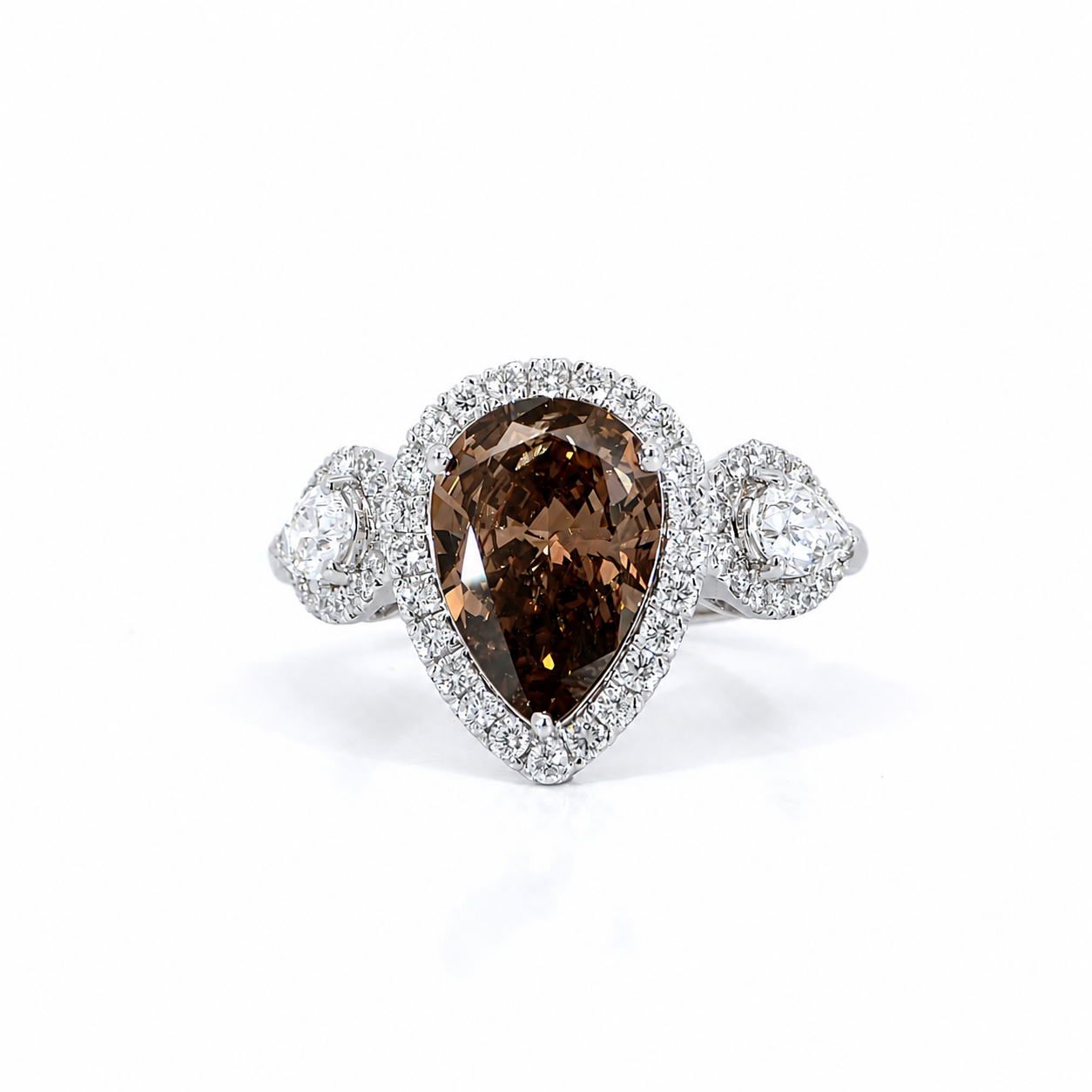 Brown diamond pear trio halo ring