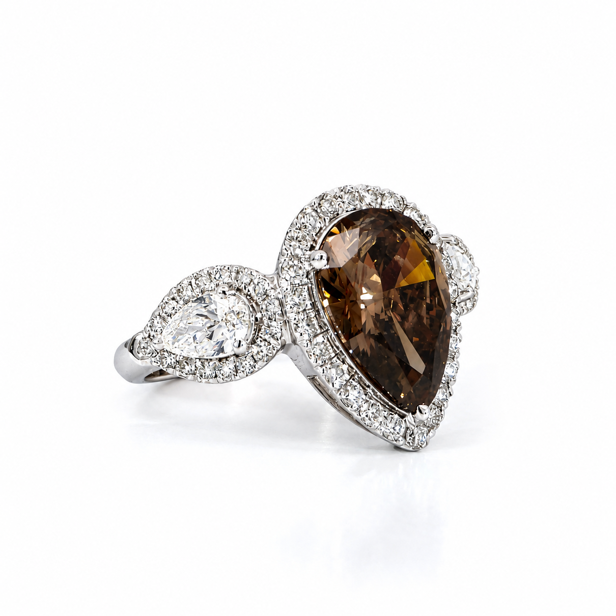 Brown diamond pear trio halo ring