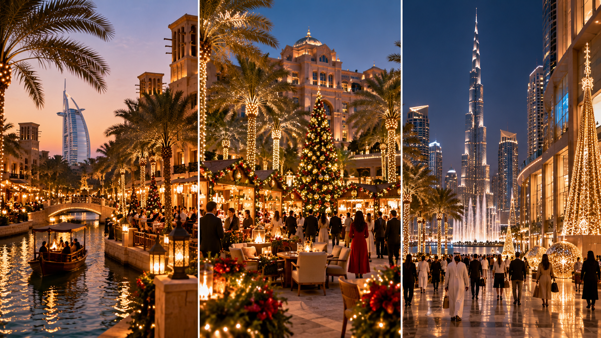 Festive Dubai holiday scenes at night