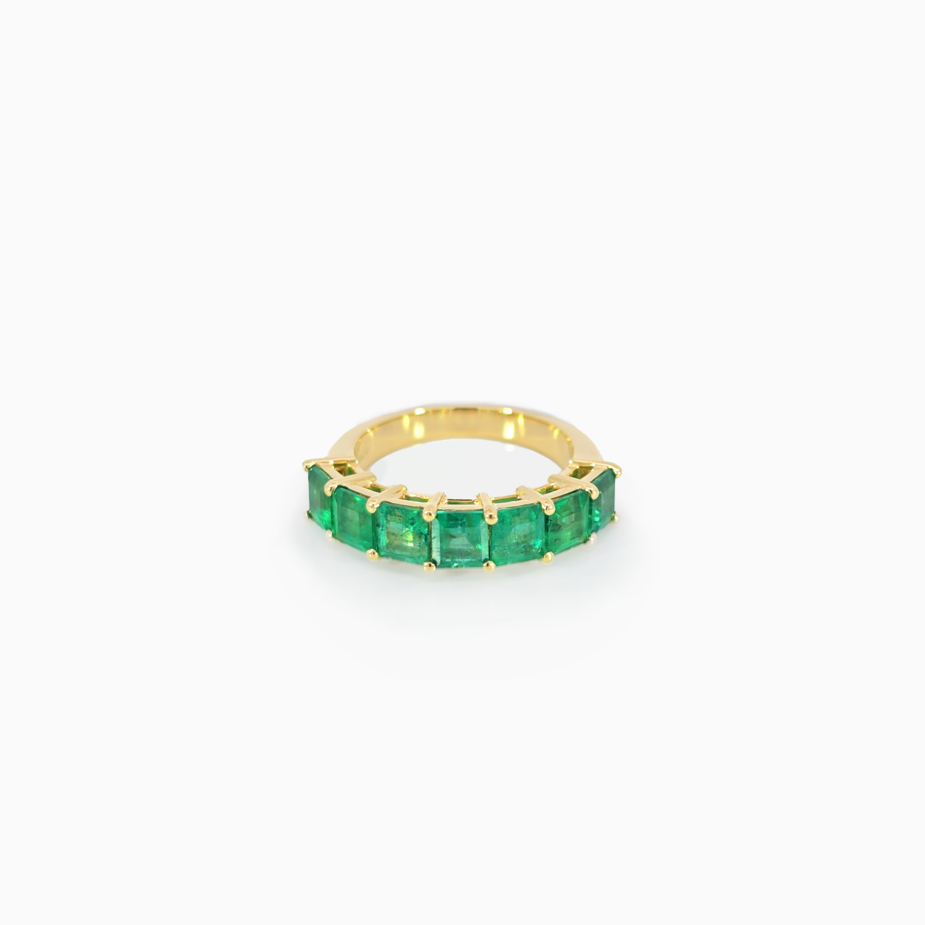 7 Square Green Emerald Band, natural Zambian emeralds, 18K yellow gold, custom handcrafted ring