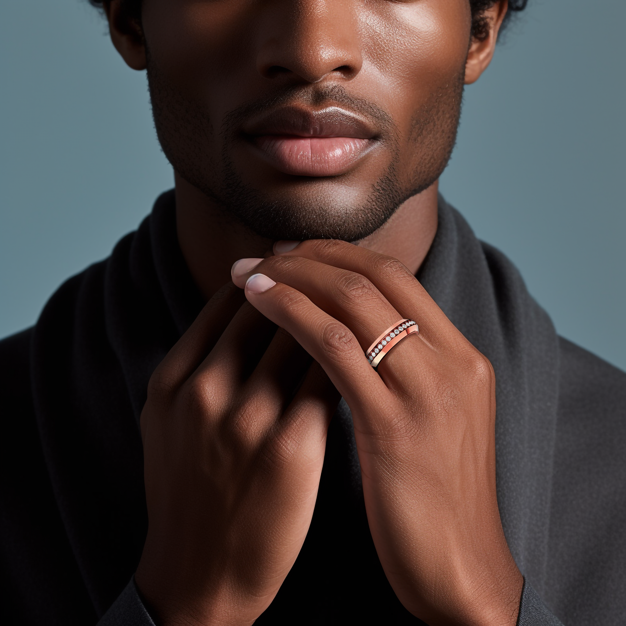 Elegant depiction of a 0.85 carat rose gold paved band worn on a finger in a lifestyle “ring on him” image. The ring highlights a dazzling central design incorporating pavé, full pave, scattered pave, and cluster pave techniques in warm rose gold—celebrated as “rosé gold” or “blush gold.” Its glossy finish and delicate detailing reflect a perfect fusion of contemporary allure and timeless sophistication. Keywords: graceful, luxurious, elegant, refined, chic design.