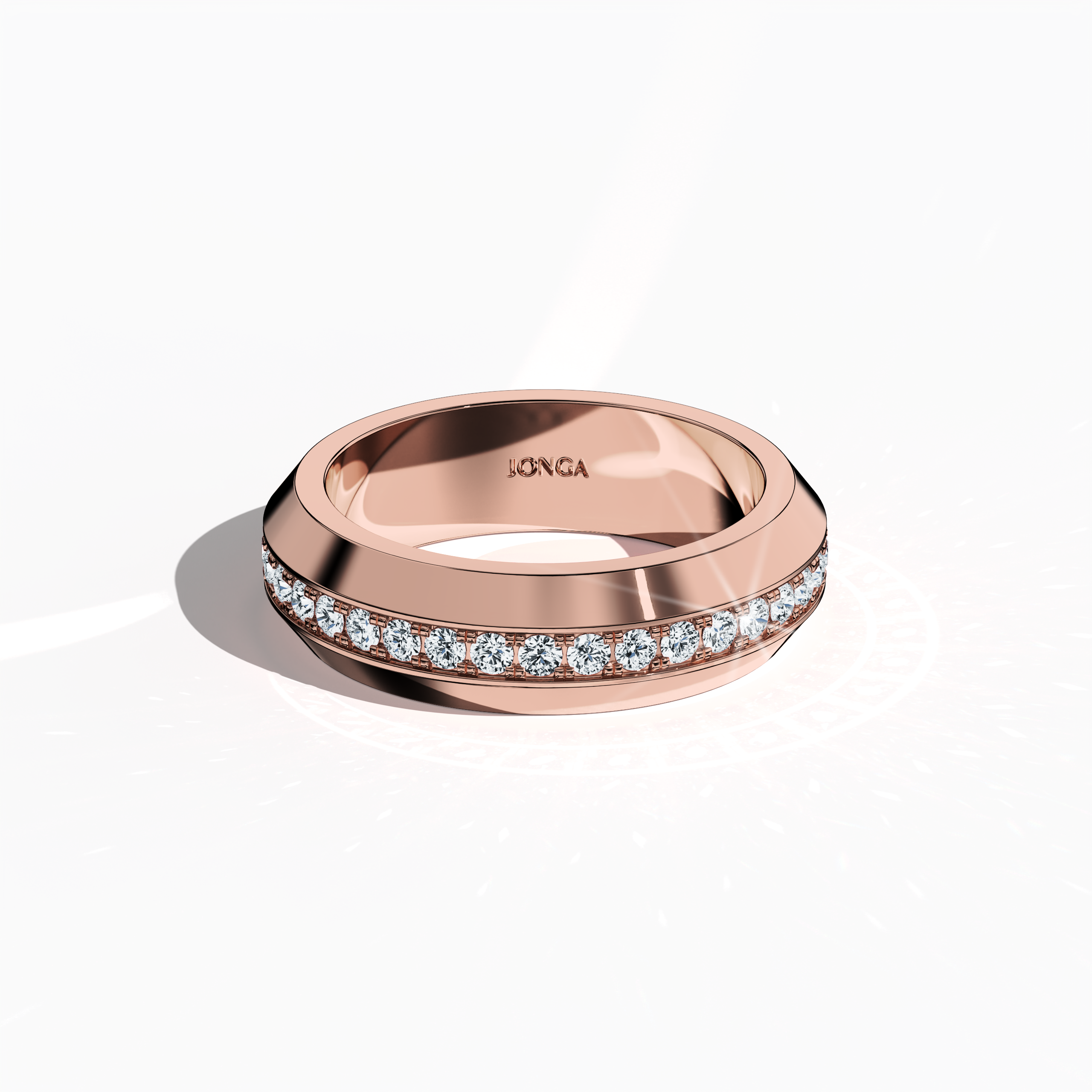 Detailed view of a 0.85 carat rose gold paved band photographed from a sleeping front top angle, emphasizing its elegant central design. Crafted with pavé, full pave, scattered pave, and cluster pave patterns in radiant rose gold—also known as “rosé gold” or “blush gold”—the glossy perimeter accentuates its refined detailing and modern style. Keywords: stylish, sophisticated, intricate, luxurious, contemporary design.