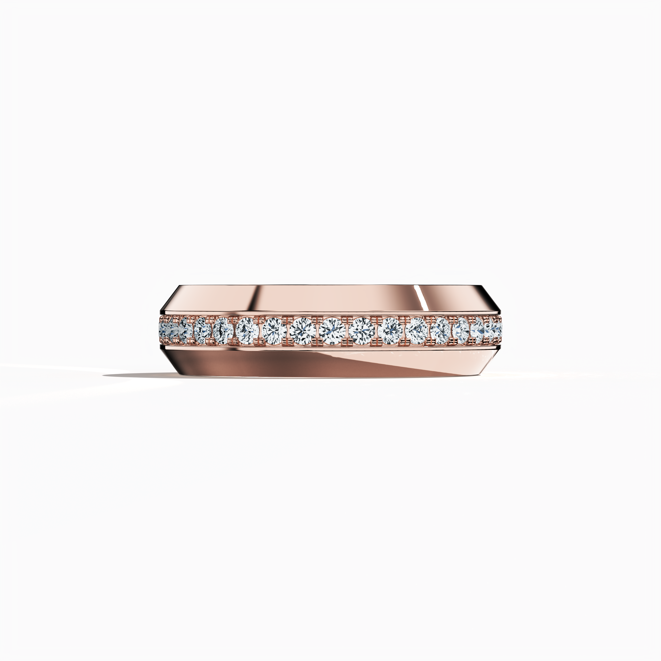 Image of a captivating 0.85 carat rose gold paved band captured from a serene sleeping front view. This stunning ring features a central design rendered with pavé, full pave, scattered pave, and cluster pave techniques in warm rose gold, celebrated as “rosé gold” or “blush gold.” The glossy finish highlights every curve and intricate detail, radiating modern sophistication and timeless allure. Keywords: exquisite, refined, elegant, contemporary, artisanal.