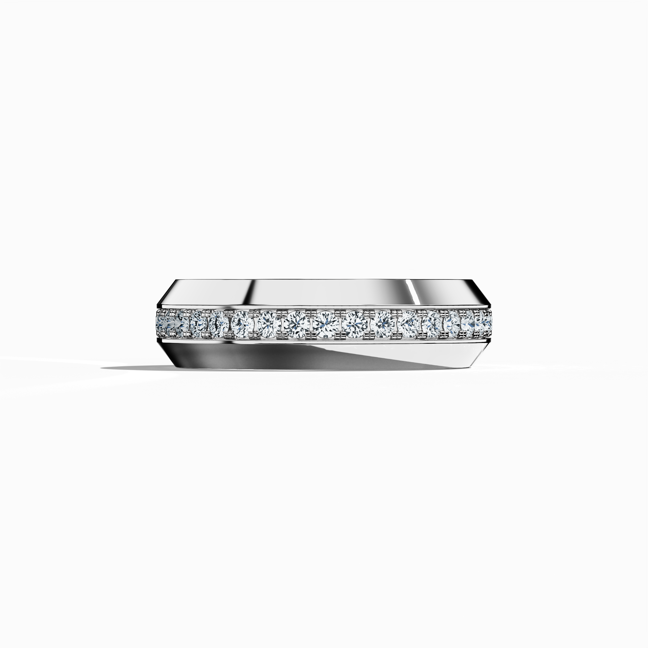 Image of an opulent 0.85 carat white gold paved band captured from a serene sleeping front view. This exquisite ring features a meticulously crafted central section showcasing pavé, full pave, scattered pave, and cluster pave designs in luminous white gold, often acclaimed as “opaline” or “milky gold.” The high-gloss outer finish accentuates smooth contours and modern sophistication. Keywords: luxurious, refined, elegant, contemporary, intricate design.