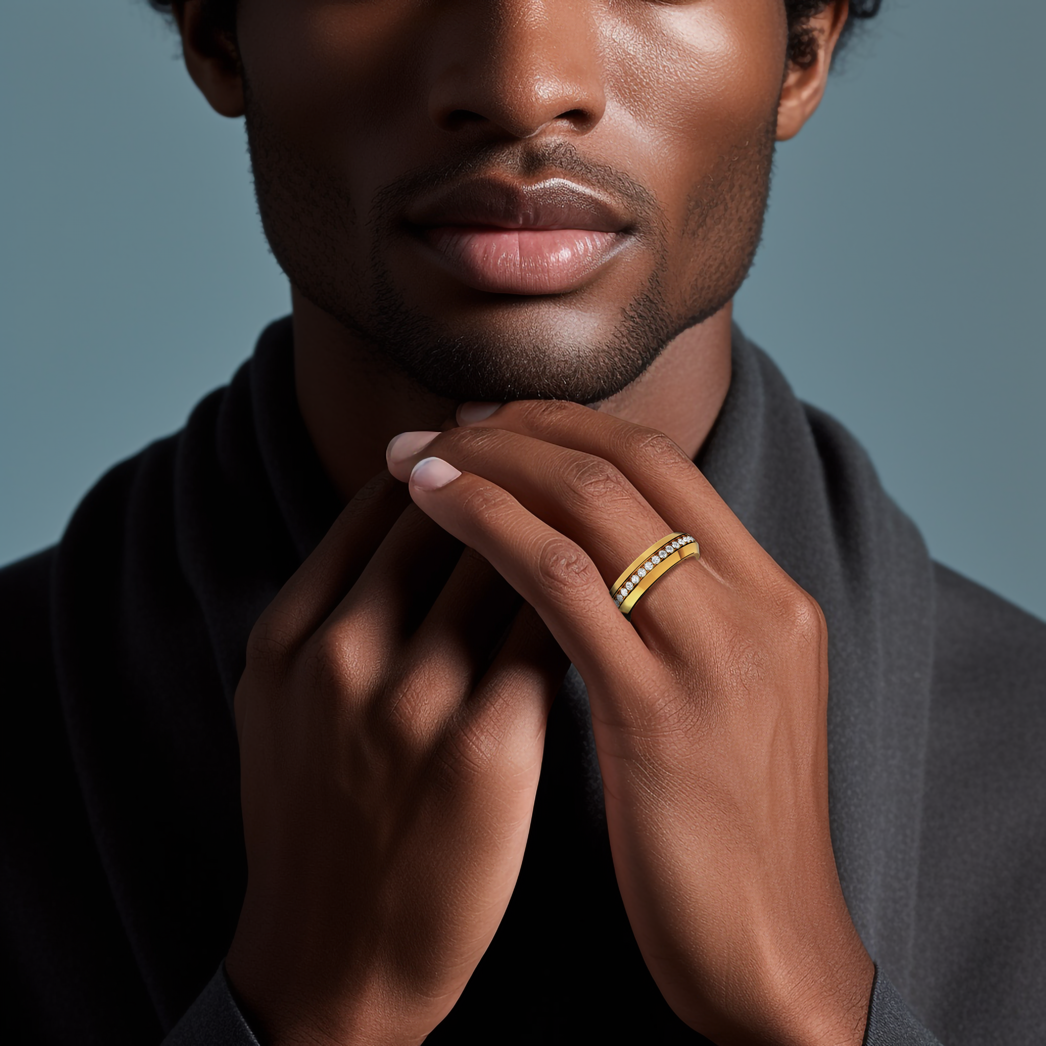 Elegant depiction of a 0.85 carat yellow gold paved band adorning a finger in a chic “ring on him” lifestyle shot. The ring spotlights a dazzling central design employing pavé, full pave, scattered pave, and cluster pave patterns in vibrant yellow gold—celebrated as “classic gold” or “rich gold.” Its glossy finish and exquisite detailing radiate contemporary sophistication and timeless artistry. Keywords: graceful, chic, luxurious, elegant, modern design.