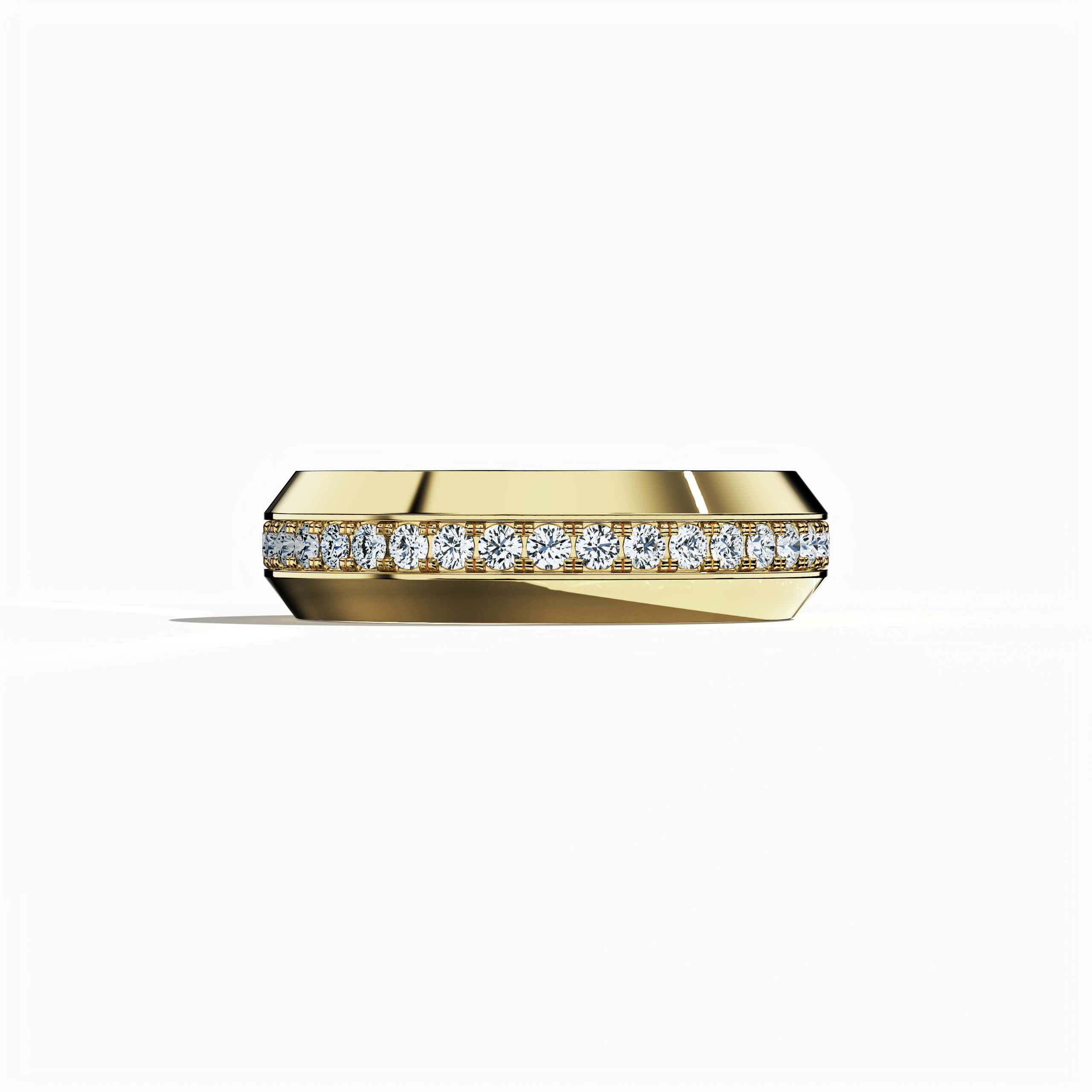 Image of a radiant 0.85 carat yellow gold paved band captured from a serene sleeping front view. This exceptional ring features a central design skillfully executed in pavé, full pave, scattered pave, and cluster pave styles in vibrant yellow gold, often lauded as “classic gold” or “rich gold.” The glossy outer finish emphasizes smooth contours and intricate detailing, showcasing modern luxury and timeless elegance. Keywords: opulent, refined, elegant, modern, detailed artistry.
