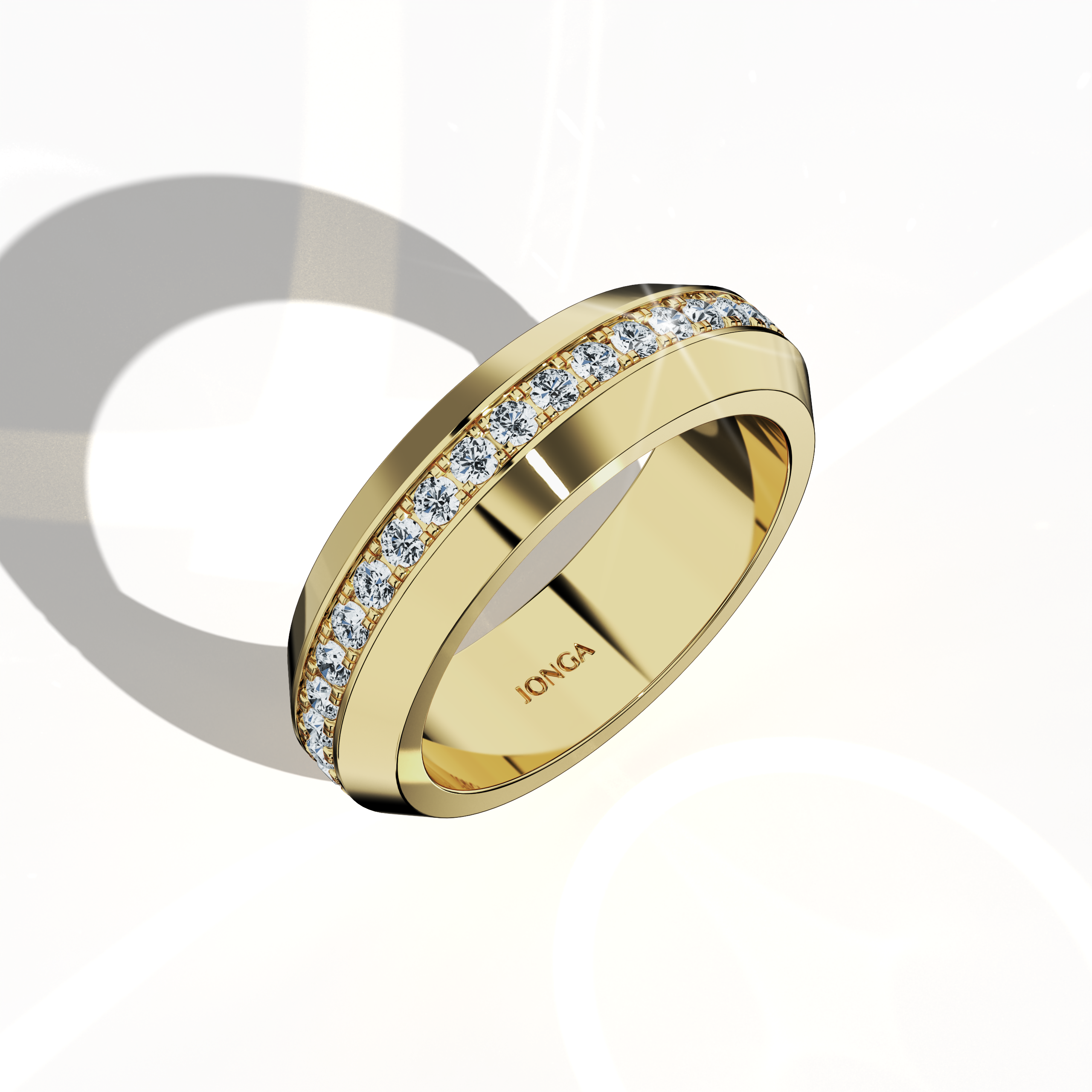 Striking image of a 0.85 carat yellow gold paved band showcased from a standing front top side perspective. The ring’s central design, featuring pavé, full pave, scattered pave, and cluster pave techniques in vibrant yellow gold (termed “classic gold” or “rich gold”), is highlighted by a high-gloss finish that accentuates its smooth curves and intricate detailing, marrying modern luxury with timeless appeal. Keywords: elegant, refined, luxurious, modern, artisanal.