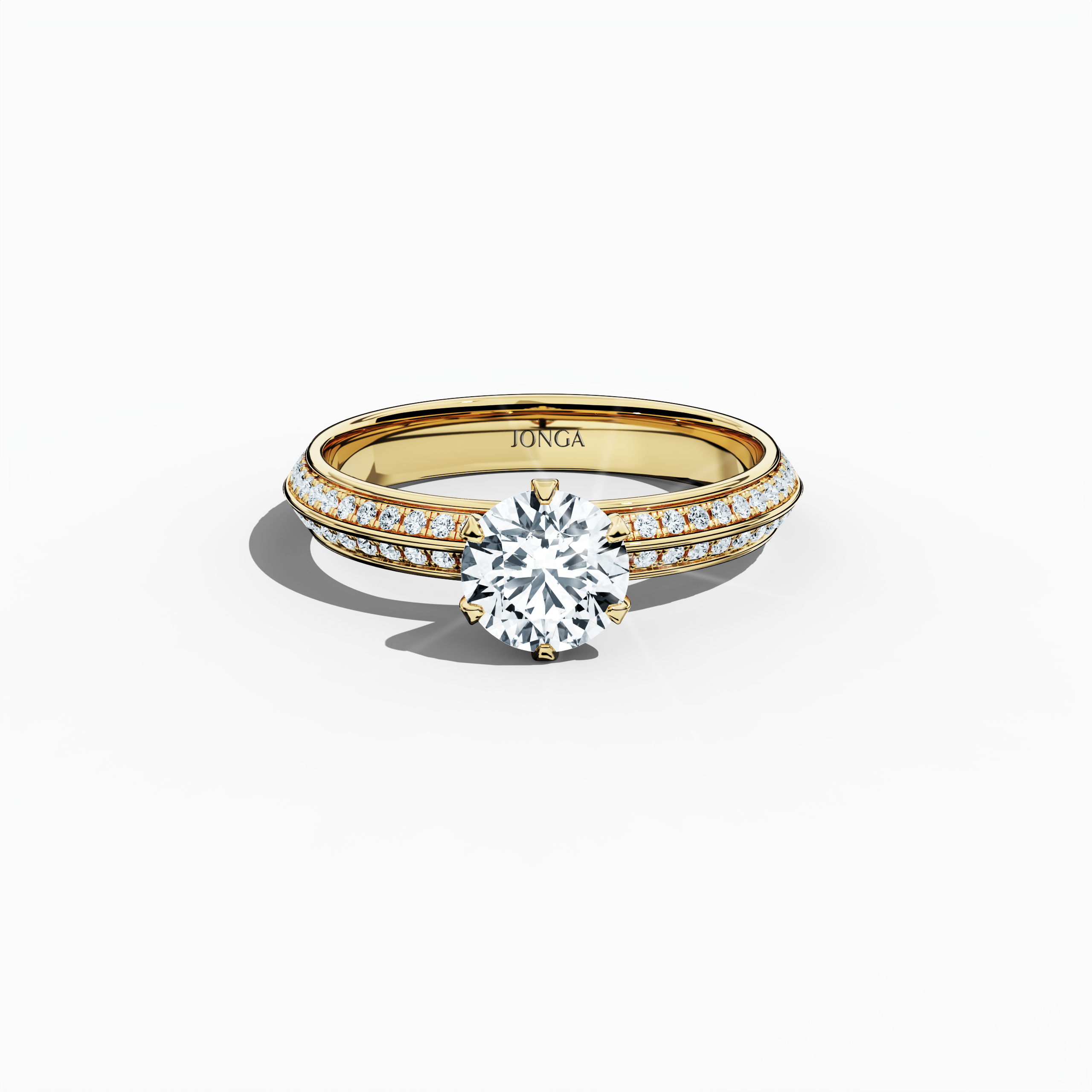 Elegant 1.40 ct diamond ring in a pavé setting, with a 1 ct center stone and 0.40 ct side stones, crafted in classic yellow gold with a dual‑tier band defined by a crisp central line. Captured from a front top view, this fine jewelry/fine jewellery ring highlights its luxurious pavé detail and warm radiance.