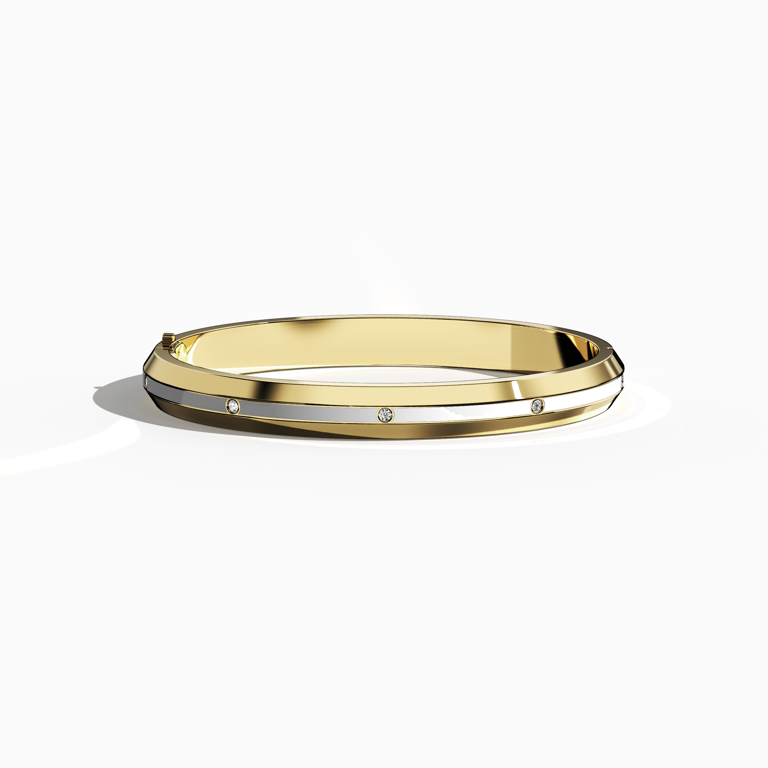 Center Step White Enamel 9-Diamond Bangle In Yellow Gold