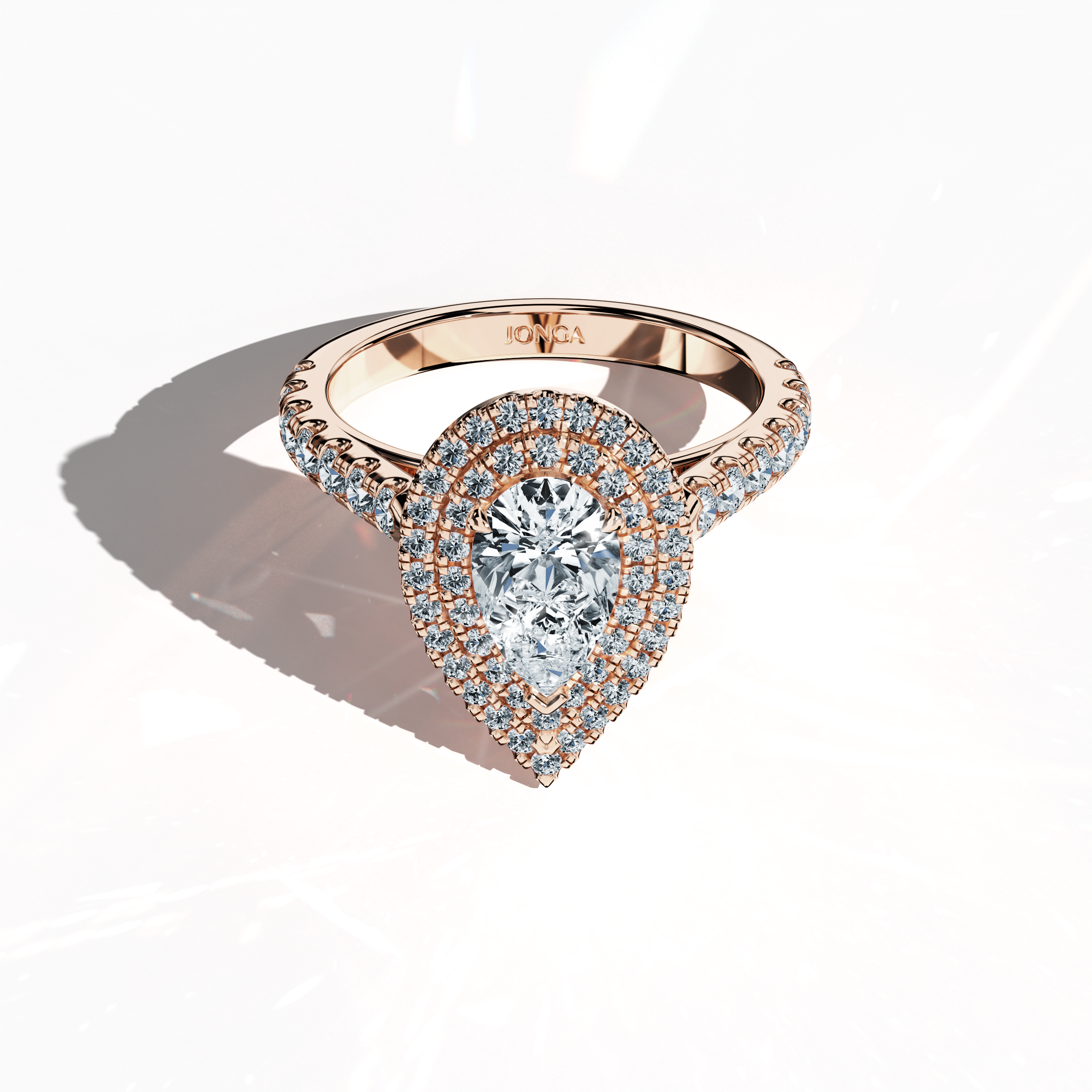 Double Halo Pear paved Ring in Rose gold