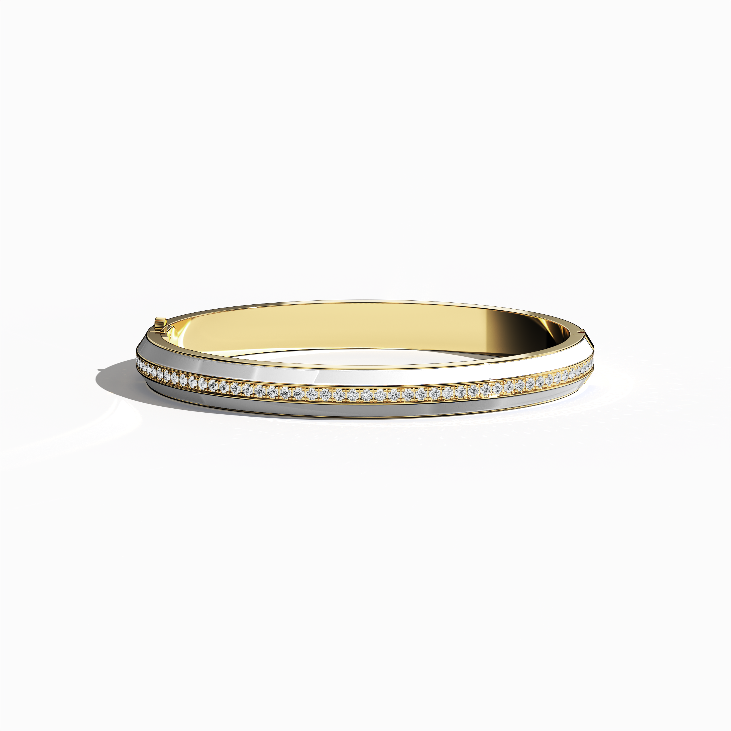 White Enamel Paved Bangel In Yellow Gold