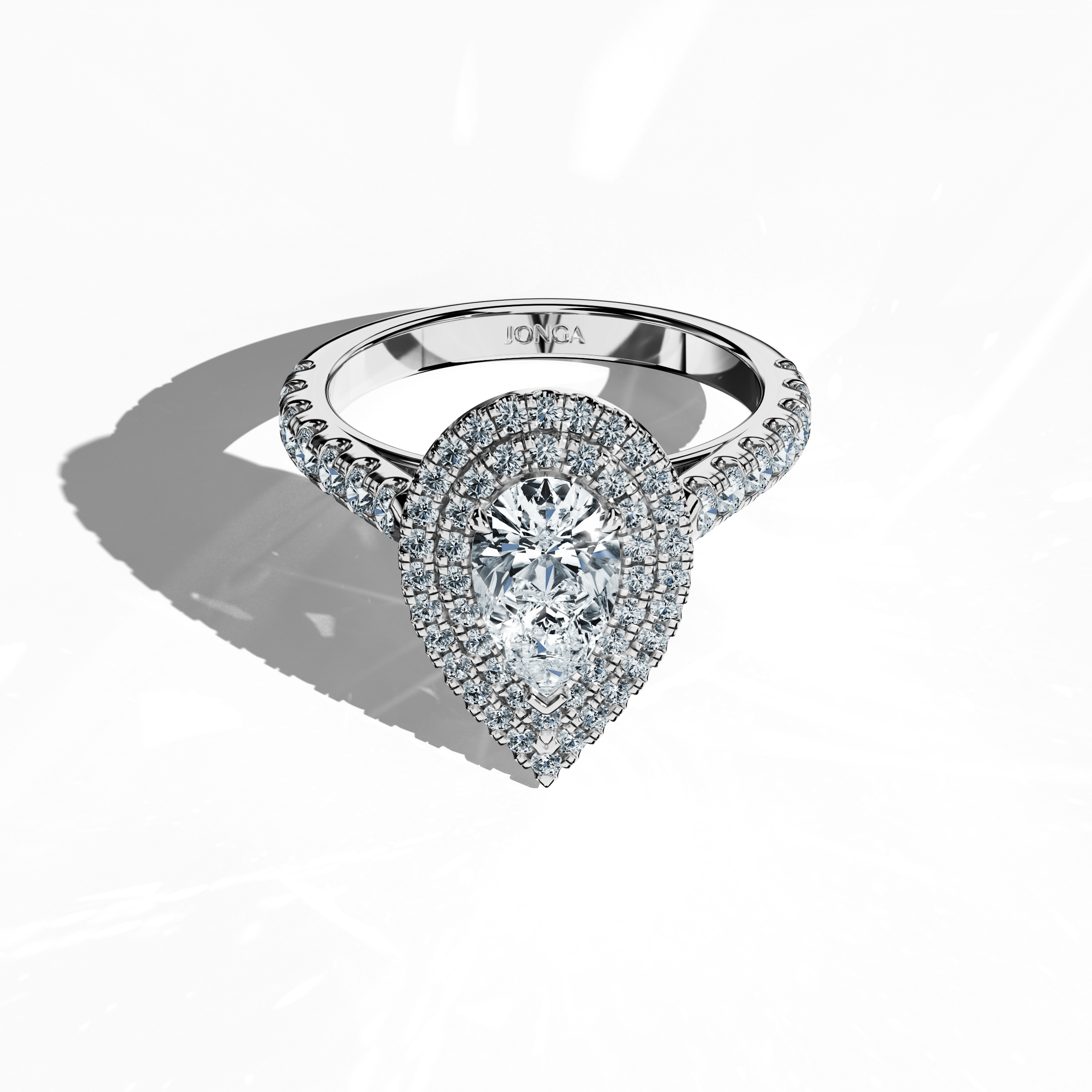 Double Halo Pear paved Ring in White gold