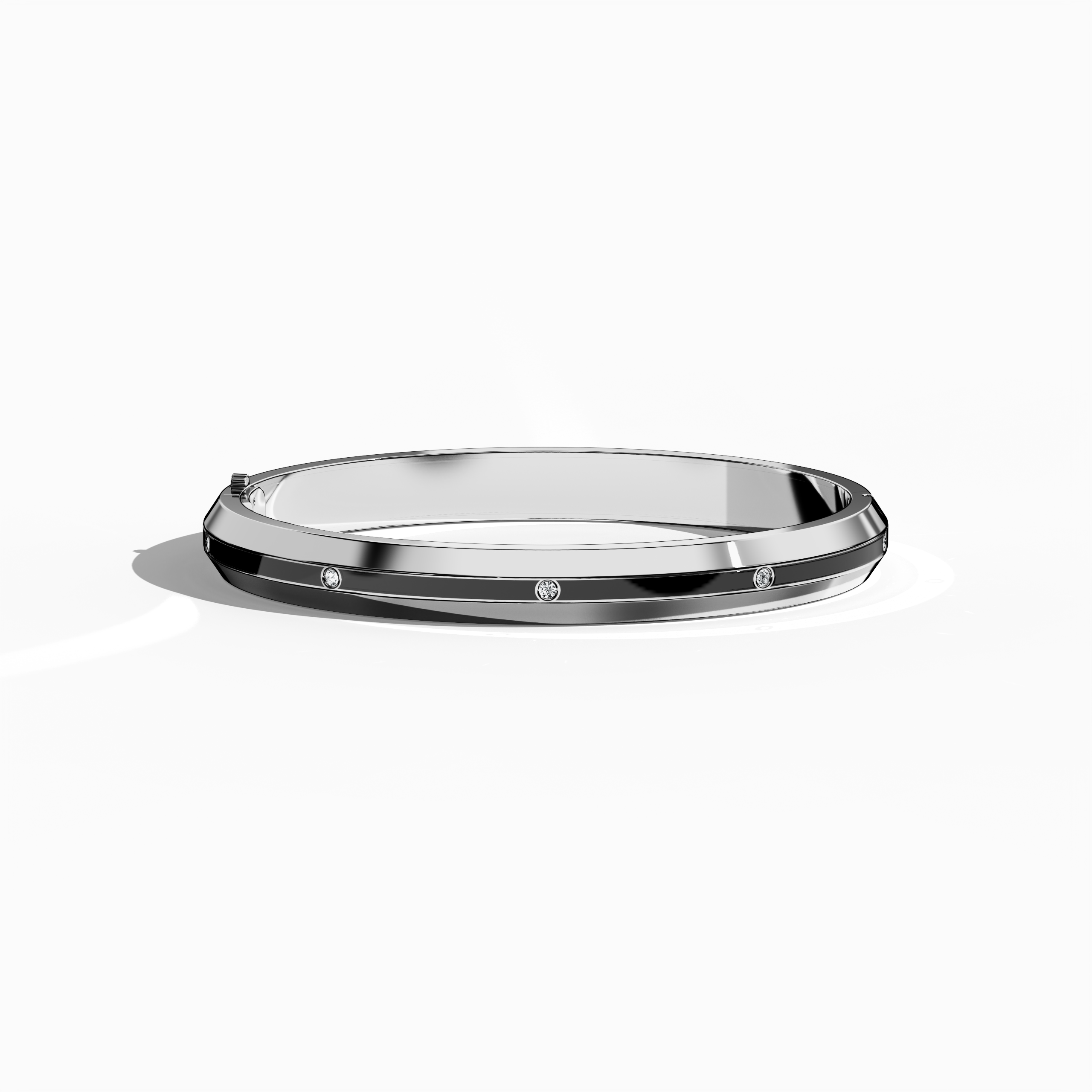 Center Step Black Enamel 9-Diamond Bangle In White Gold