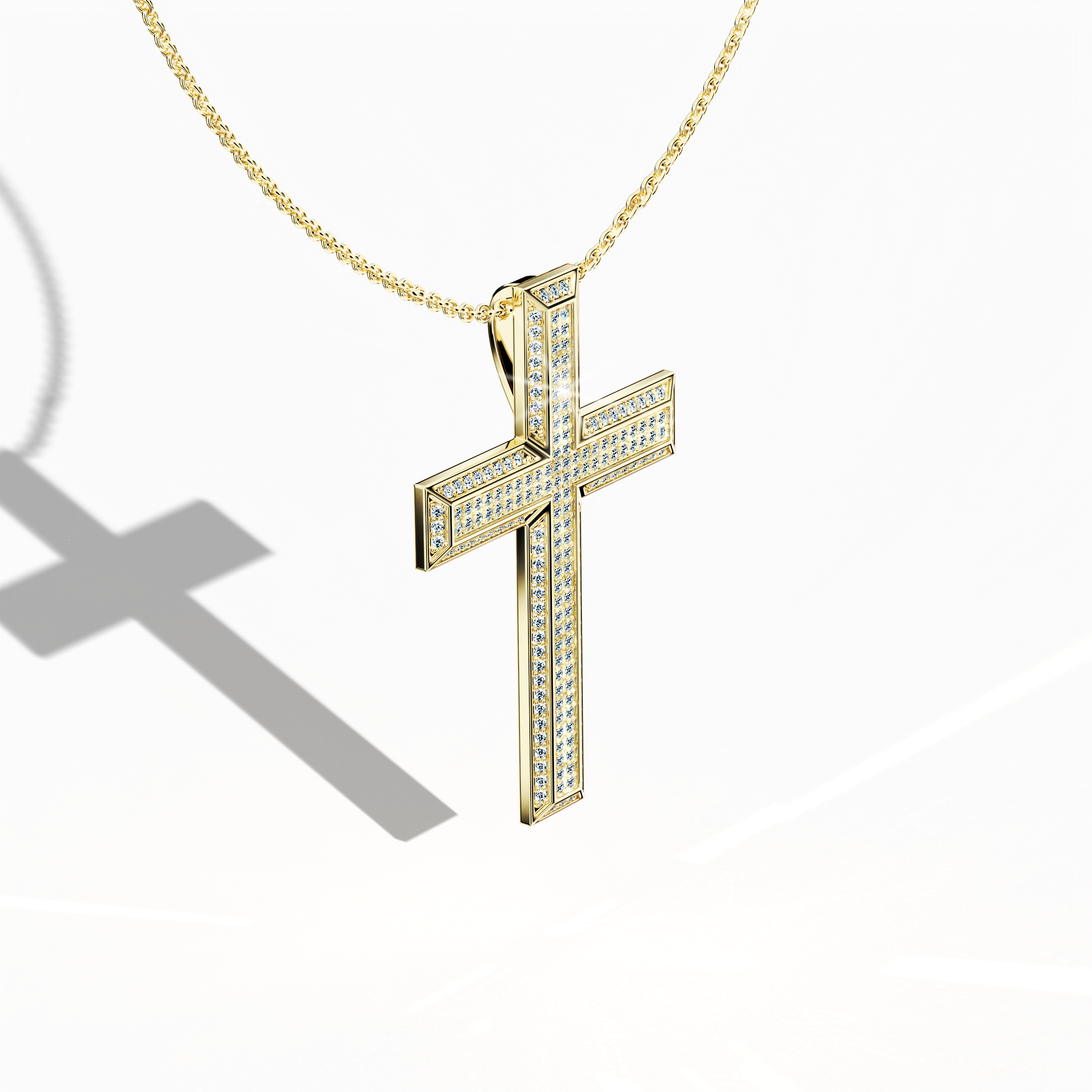 3 step cross pendant iced out in Yellow Gold