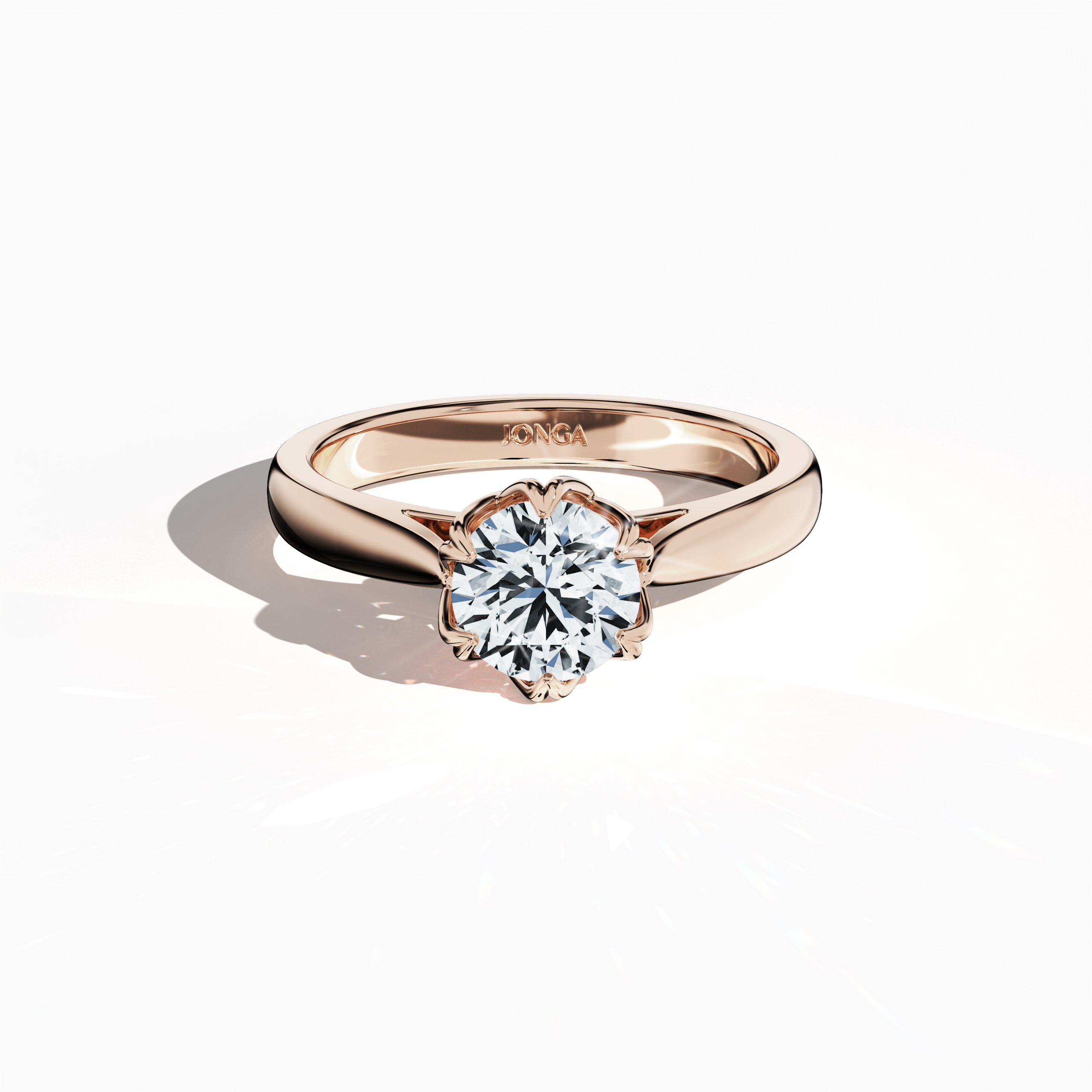 Elegant 1‑carat lotus solitaire ring with a 1‑carat center diamond set in an artistic lotus‑inspired design, with six uniform prongs and a twisted band, all in soft rose gold (blush/pink gold). Captured from a sleeping front top view, this fine jewelry/fine jewellery ring highlights its delicate curves and luminous, romantic finish.