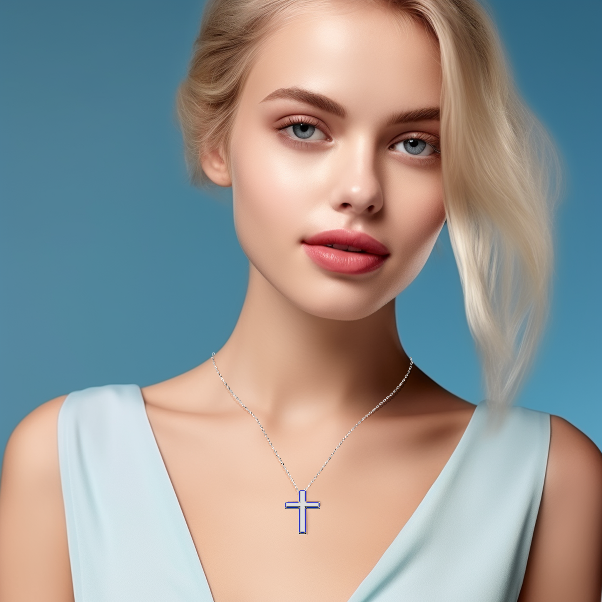 3 step cross pendant side blue Enamel in white Gold