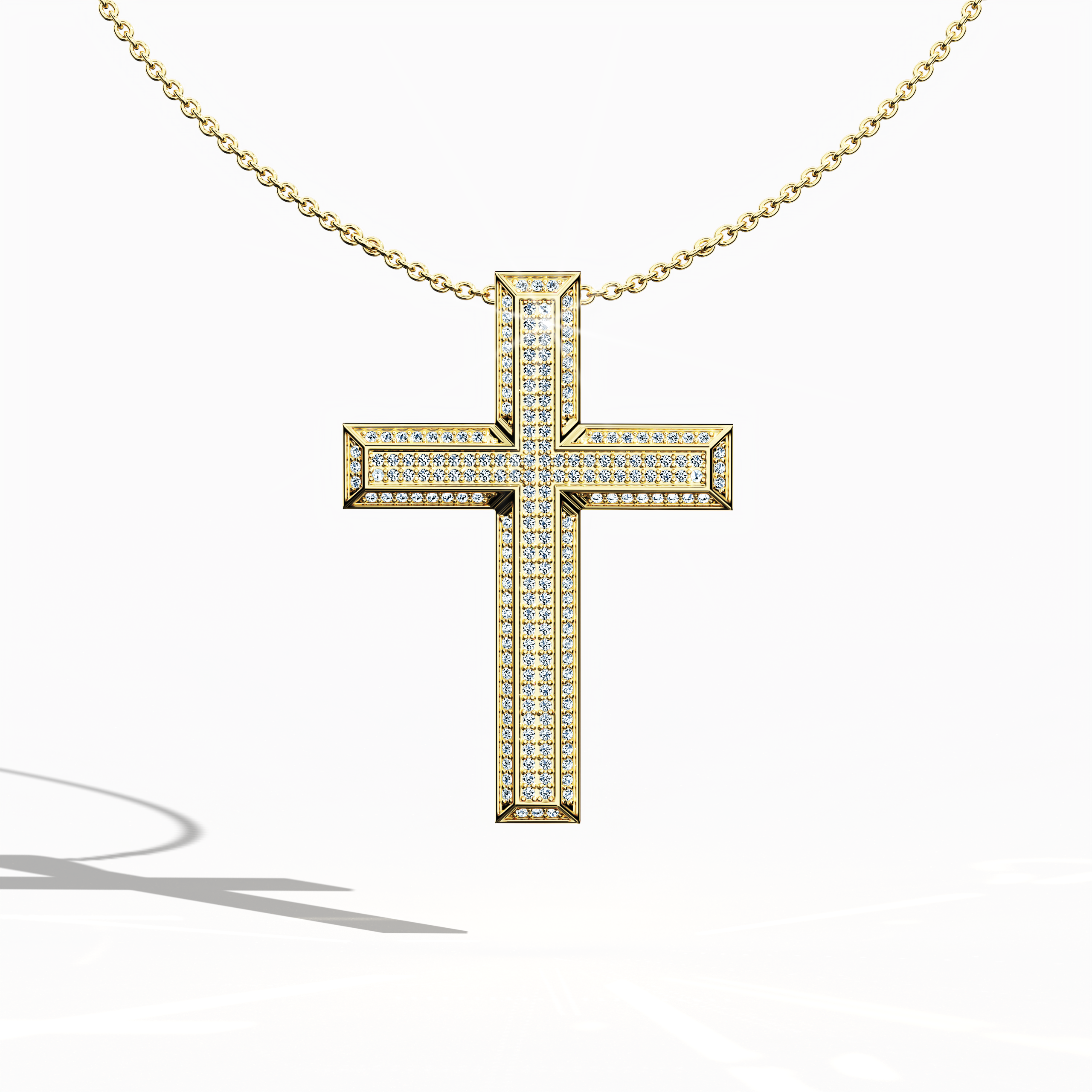 3 step cross pendant iced out in Yellow Gold