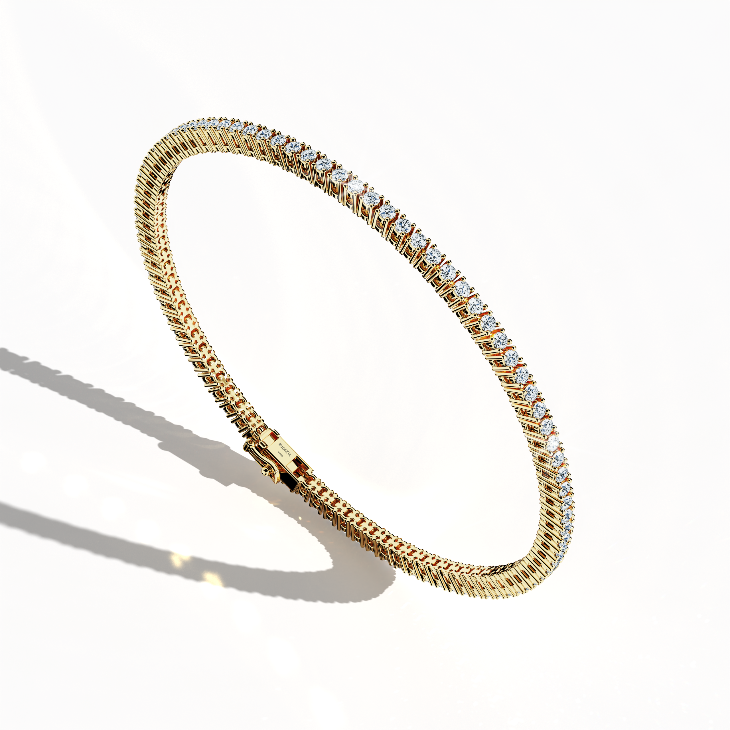 In a striking standing front top side view, this 2-carat diamond tennis bracelet in resplendent yellow gold—alternatively known as golden gold or aurum‑infused gold—reveals a harmonious chain of radiant diamonds. This fine jewelry/jewellry piece, often termed a diamond wristband, diamond cuff, or opulent arm candy, features meticulous craftsmanship and a sleek, modern design. International allure and timeless elegance make this luxury accessory a refined statement of style.

