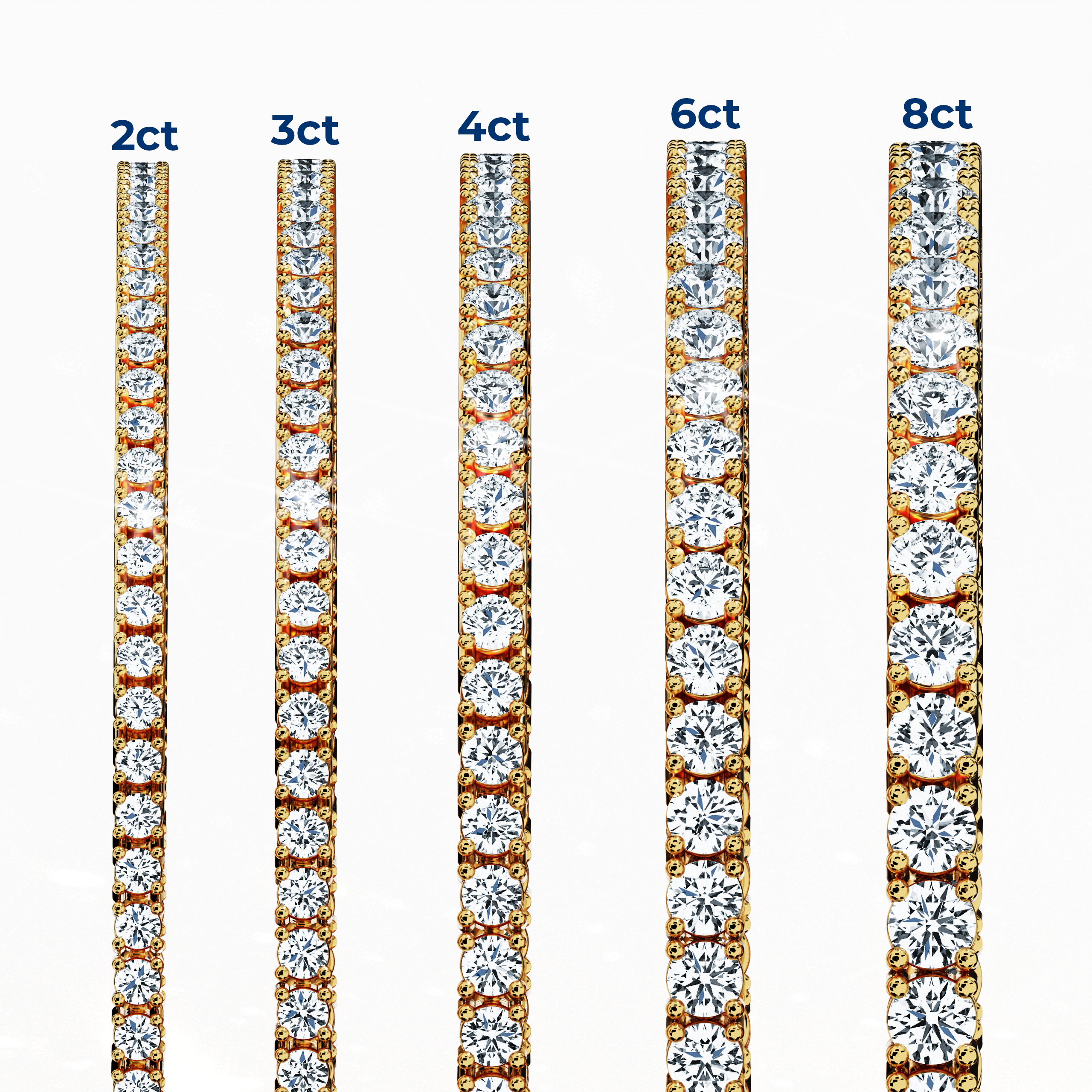 In a standing side view camera angle, five four-prong diamond bracelets in yellow gold (often called classic gold or champagne gold) are showcased in 2ct, 3ct, 4ct, 6ct, and 8ct total weights. Known variously as tennis bracelet, line bracelet, eternity bracelet, river bracelet, inline bracelet, or riviere bracelet, this gleaming design epitomizes fine jewelry and fine jewellery, exuding timeless elegance, radiant sparkle, and a secure clasp. Keywords: diamond, tennis bracelet, yellow gold.







