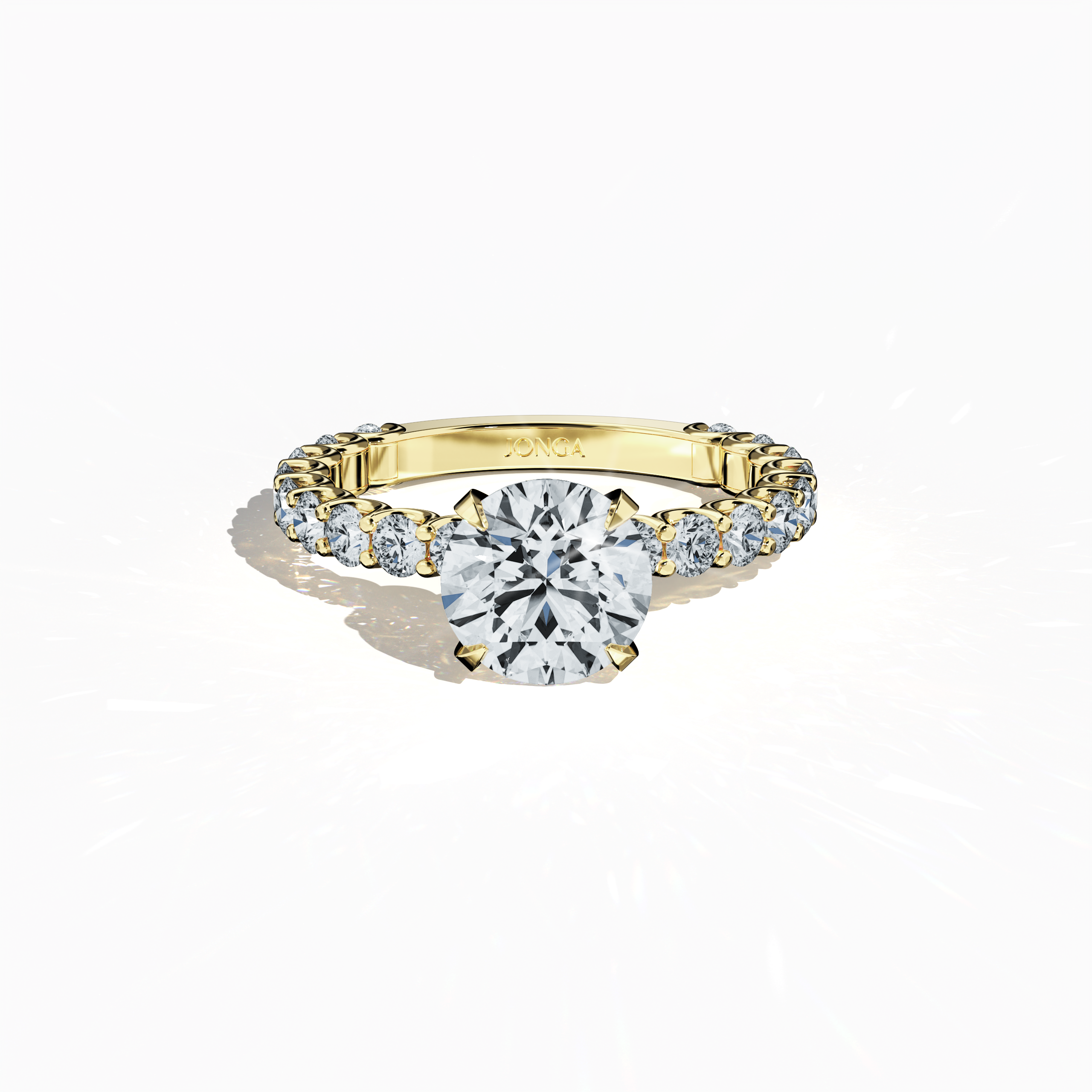 Sleeping front top view of a yellow gold solitaire Eternity ring, showcasing a radiant 2 ct center/centre diamond and 1.30 ct side diamonds in a four-nail prong setting. A fine jewelry/fine jewellery favorite, ideal as an engagement ring, eternity band, or wedding ring. This classic design offers timeless appeal. Keywords: yellow gold, eternity ring, diamond band, engagement ring, wedding jewelry, bridal jewellery, 3.30 ct, vintage-inspired fine jewellery.