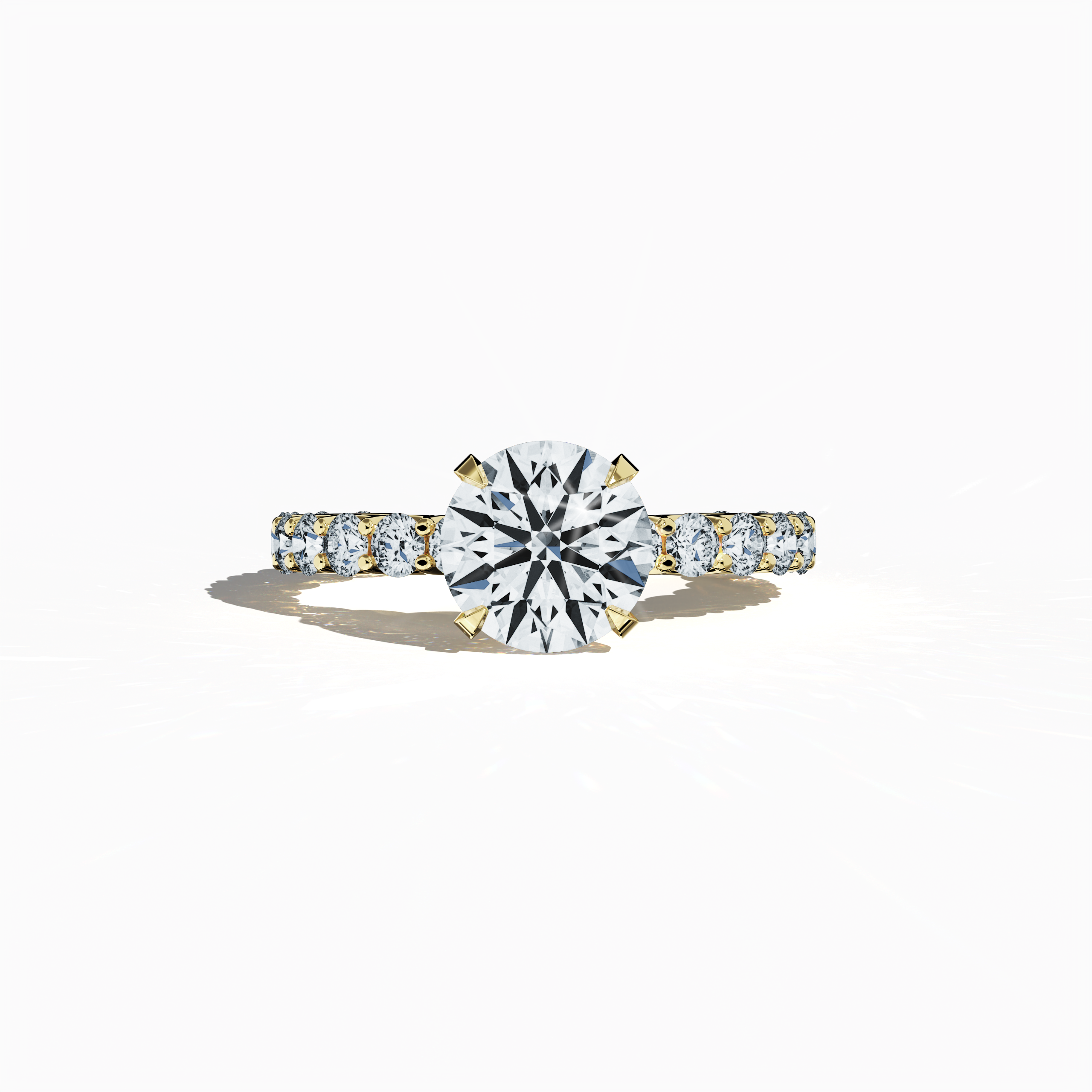 Yellow gold solitaire Eternity ring featuring a striking 2 ct center/centre diamond and 1.30 ct side diamonds in a four-nail prong setting. This front-facing sleeping view highlights its timeless charm, making it a coveted solitaire ring, eternity band, or engagement ring. A treasured fine jewelry/fine jewellery piece, perfect for weddings or anniversaries. Keywords: yellow gold, diamond eternity ring, bridal jewelry/jewellery, wedding band, luxury, 3.30 ct, classic elegance.