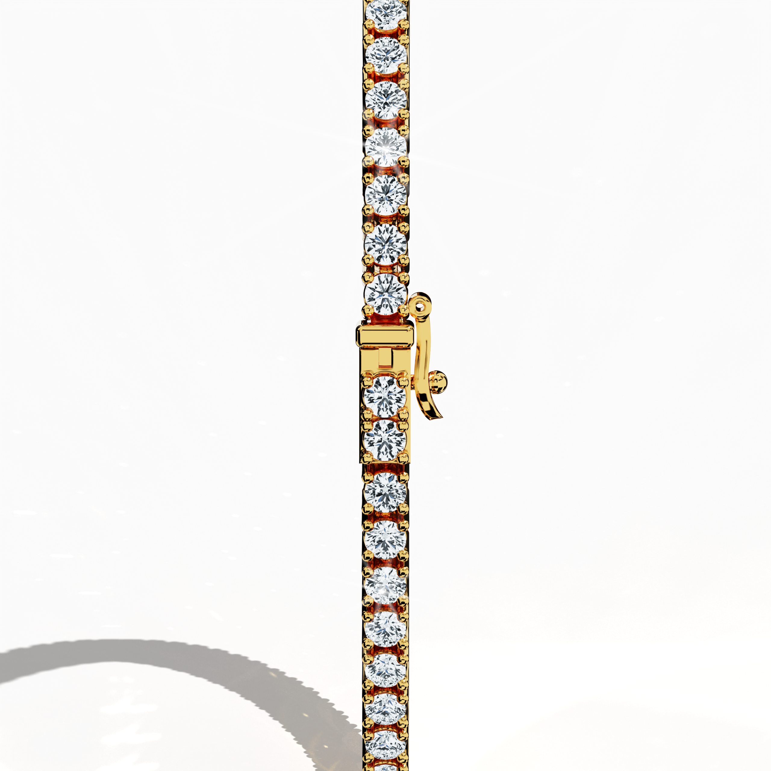 In a standing back side view, this 3 carat diamond tennis bracelet in yellow gold (also referred to as classic gold or champagne gold) highlights its secure clasp and continuous row of round brilliant stones. Known as tennis bracelet, line bracelet, eternity bracelet, river bracelet, or inline bracelet, the four-prong design underscores each gem’s radiance. Perfect for refined statements. Keywords: diamond tennis bracelet, 3 carat, yellow gold, jewelry, prong setting.