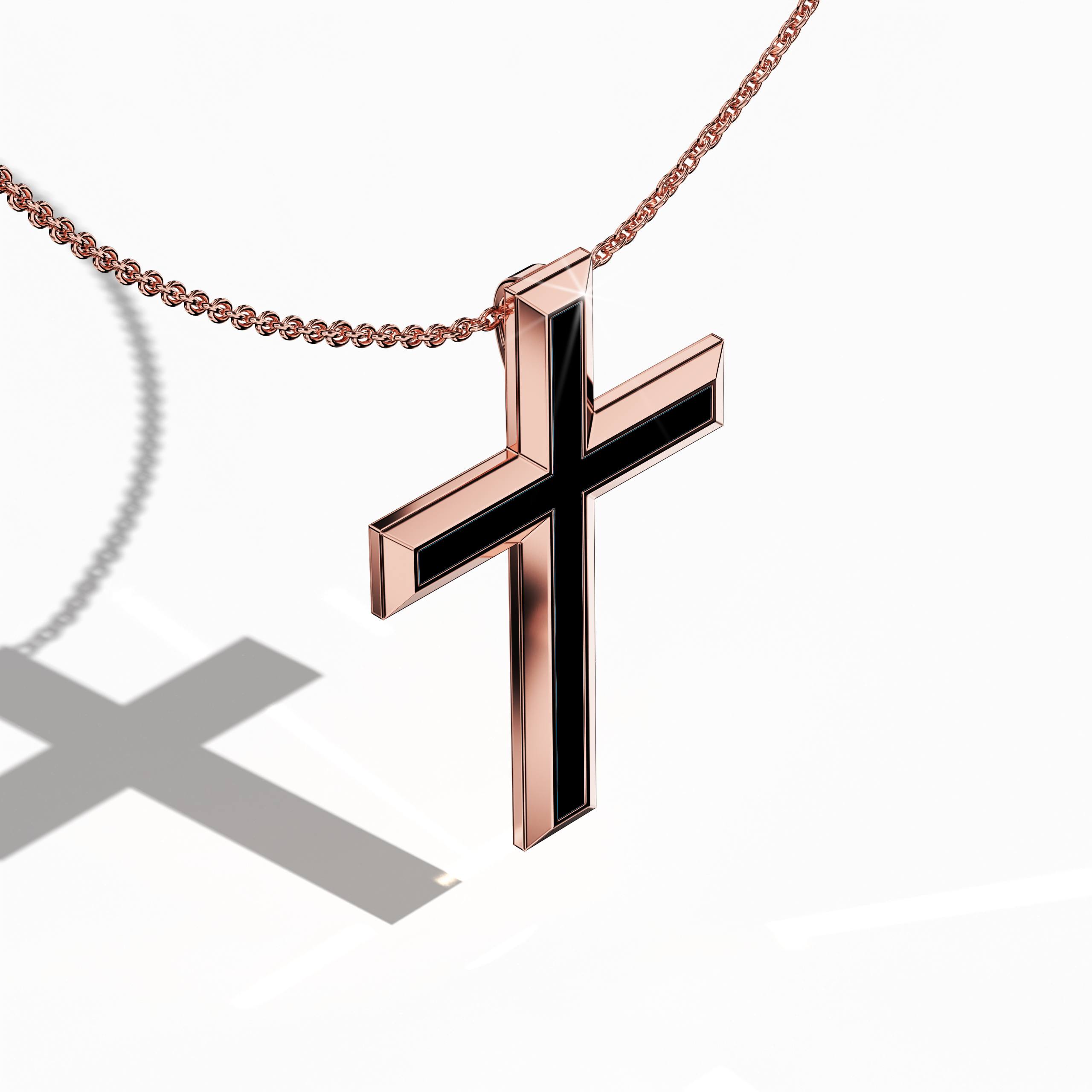 Front top side view of a center enamel 3‑step cross pendant in radiant rose gold, often described as pink or blush gold. The dramatic black enamel center, also known as ebony or jet enamel, enhances the layered, tri‑tier design that seamlessly fuses spiritual heritage with modern elegance. This meticulously crafted jewelry piece, recognized as a multi‑step or stacked cross in various traditions, exhibits refined contours and a lustrous finish.
Keywords: three‑step cross, rose gold, black enamel.