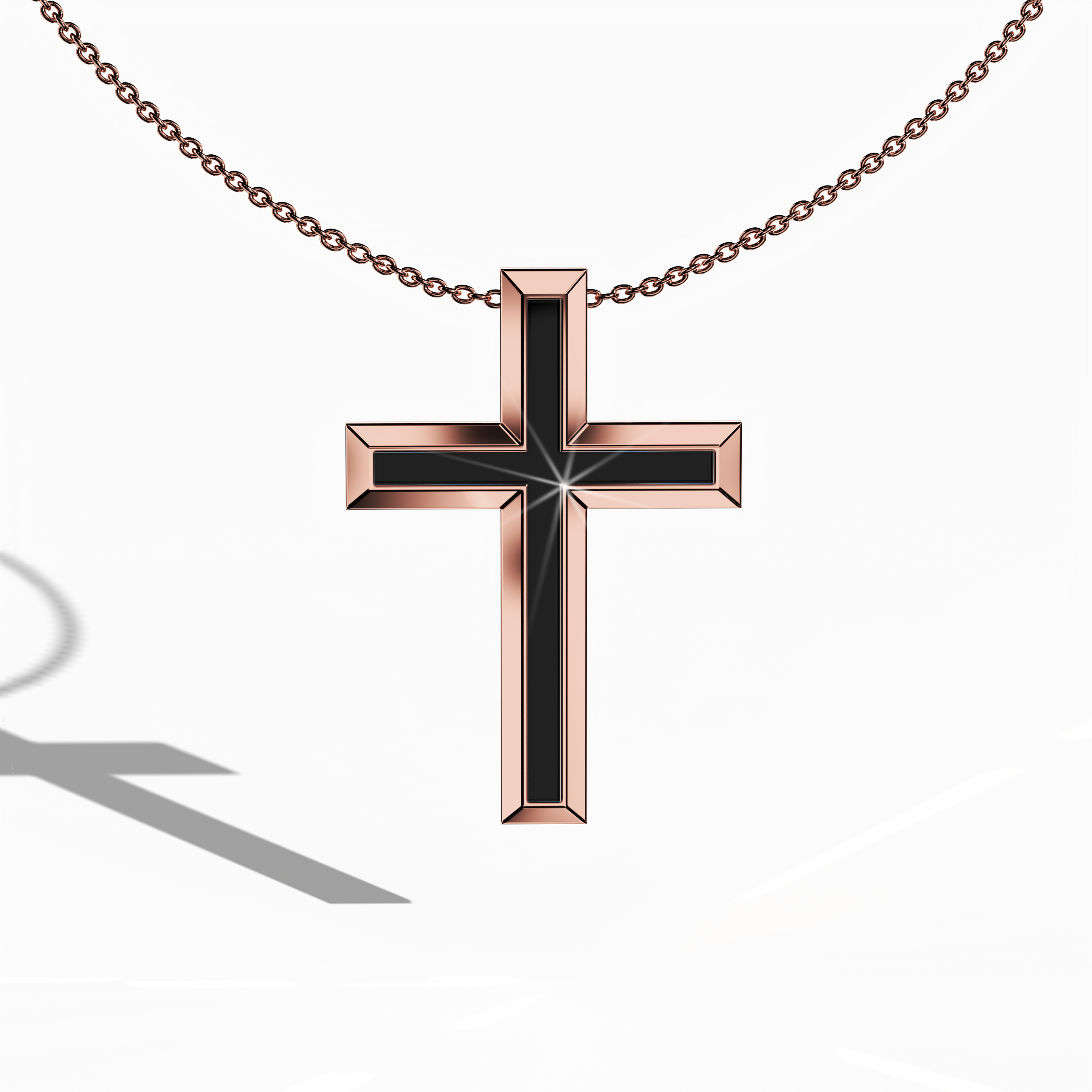 Front view of a center enamel 3‑step cross pendant in elegant rose gold, also known as pink or blush gold in some traditions. The intense black enamel centerpiece, alternatively described as ebony or jet enamel, is set in a layered, tri‑tier design that merges sacred symbolism with contemporary flair. This refined jewelry piece, recognized as a multi‑step or stacked cross in various cultures, features intricate detailing and a lustrous finish.
Keywords: three‑step cross, rose gold, black enamel.