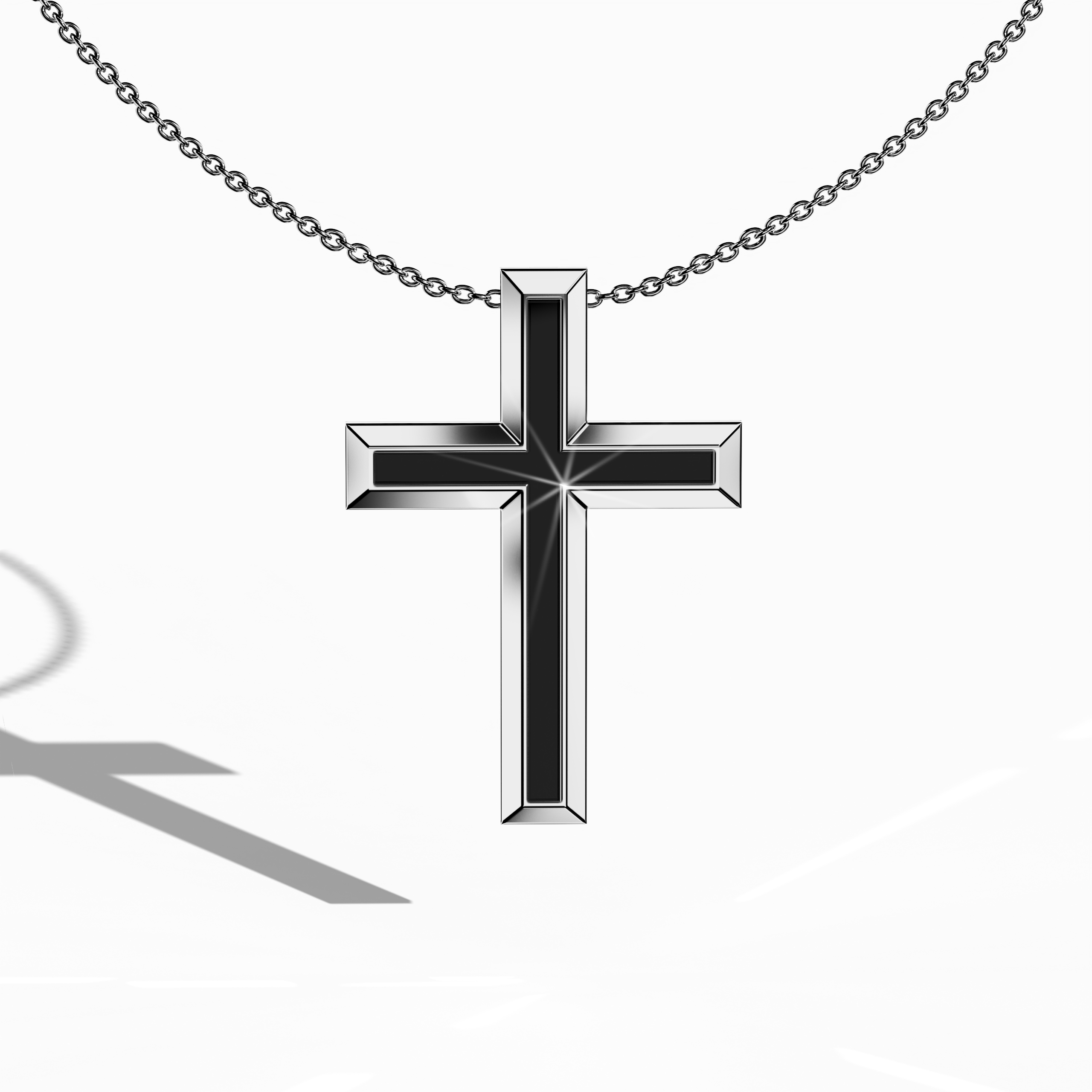 Front view of a center enamel 3‑step cross pendant in radiant white gold, often referred to as pale or silver‑toned gold. The bold black enamel centerpiece, alternatively described as ebony or jet enamel, is set in a layered, tri‑tier design that fuses timeless faith with modern sophistication. This meticulously crafted jewelry piece, known as a multi‑step or stacked cross in various traditions, exudes refined detail and striking contrast. Keywords: three‑step cross, white gold, black enamel.