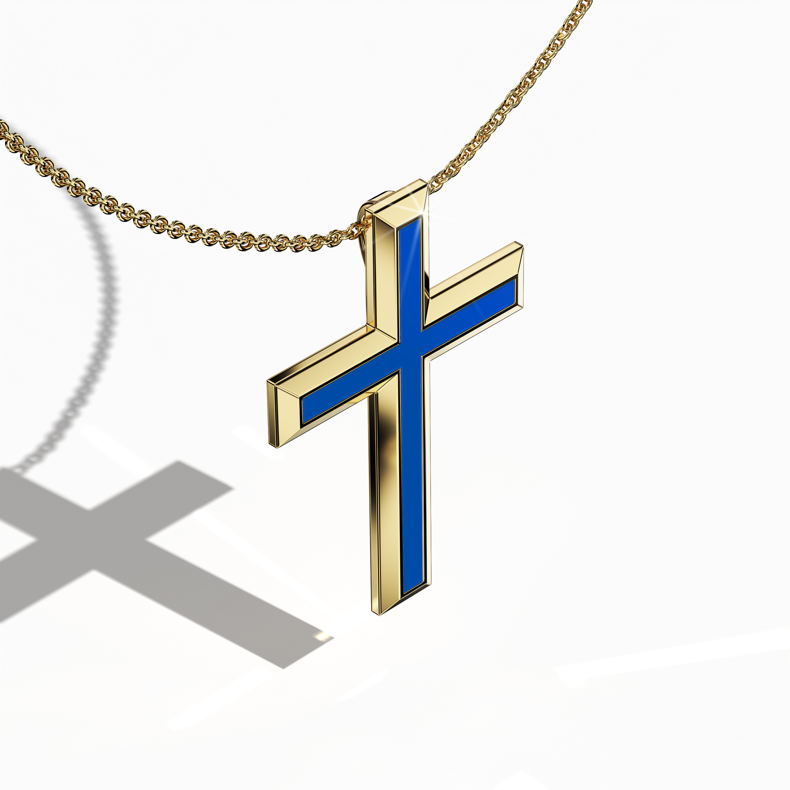 Front top side view of a center enamel 3‑step cross pendant in dazzling yellow gold, sometimes known as traditional or golden‑hued metal. The deep blue enamel core, also referred to as cobalt or lapis enamel, accentuates the layered, tri‑tier design that blends sacred tradition with modern innovation. This meticulously crafted jewelry piece, recognized as a multi‑step or stacked cross in various cultures, exhibits refined contours and a polished finish.
Keywords: three‑step cross, yellow gold, blue enamel.