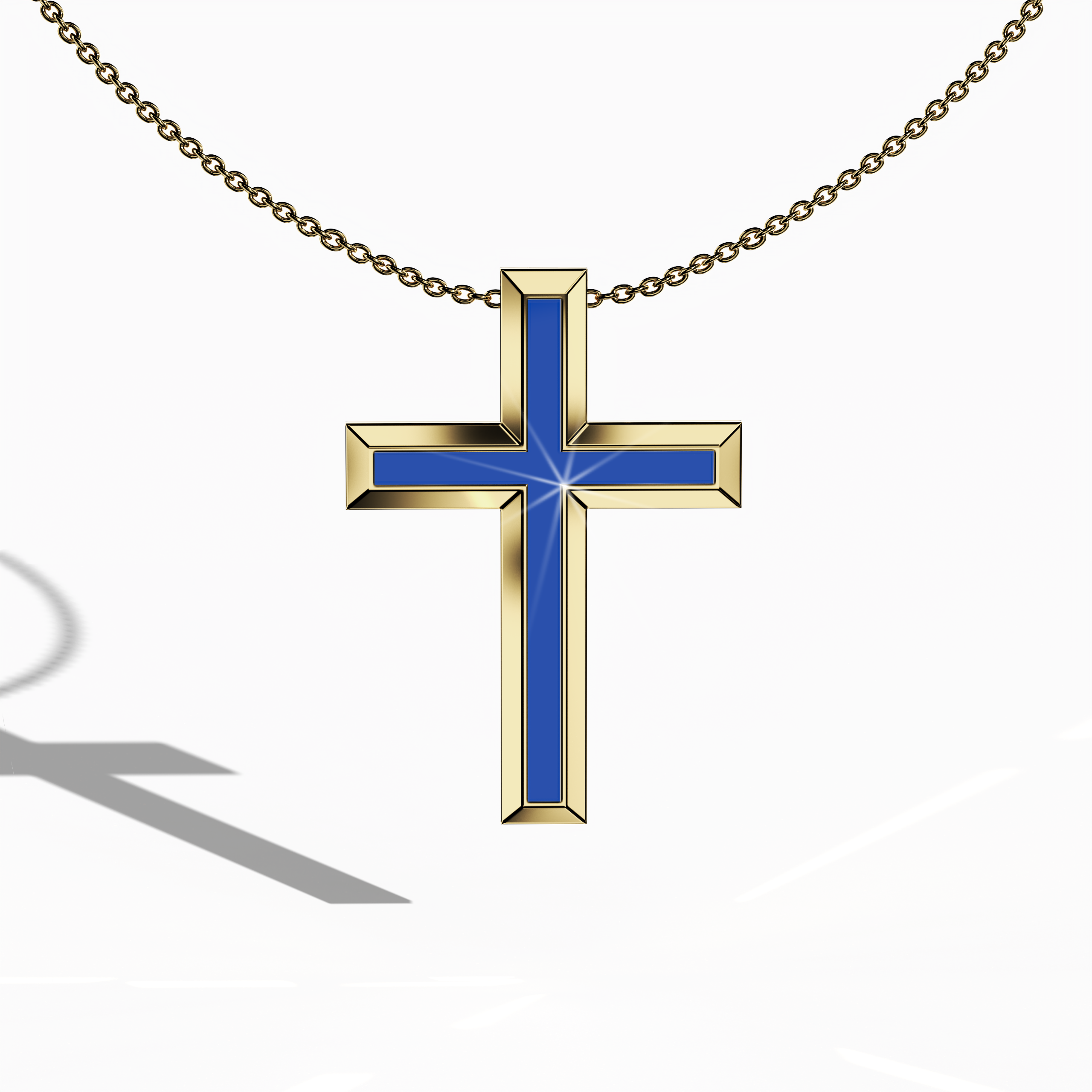 Front view of a center enamel 3‑step cross pendant in classic yellow gold, also described as traditional or golden‑hued metal. The vibrant blue enamel centerpiece, alternatively known as cobalt or azure enamel, is set within a layered, tri‑tier design that fuses sacred symbolism with contemporary artistry. This distinguished jewelry piece, recognized as a multi‑step or stacked cross in various traditions, displays intricate detailing and a glossy finish.
Keywords: three‑step cross, yellow gold, blue enamel.