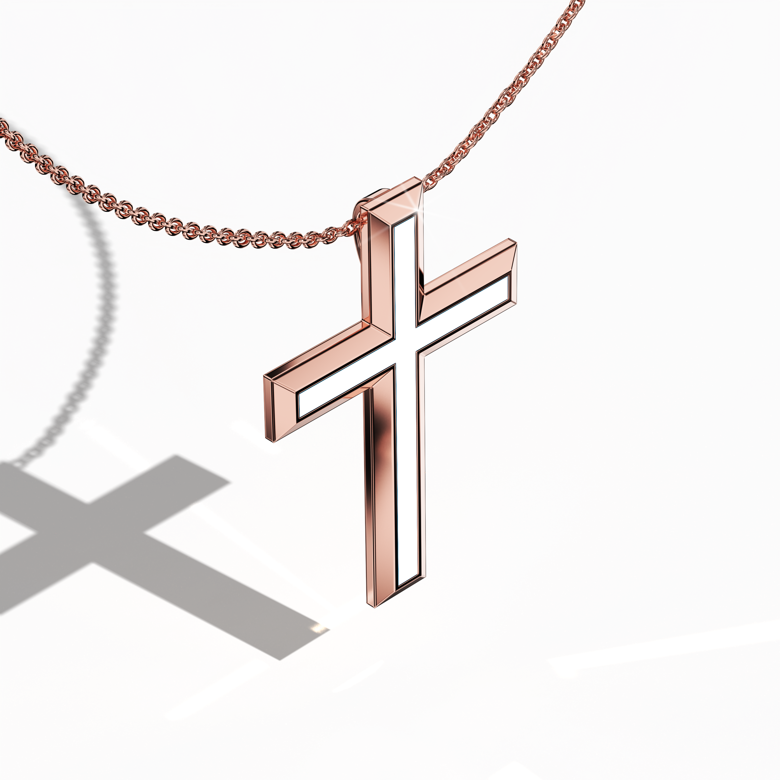 Front top side view of a center enamel 3‑step cross pendant in radiant rose gold, often called pink or blush gold. The soft white enamel core, also described as pearl or ivory enamel, highlights the layered, tri‑tier design that unites sacred tradition with contemporary elegance. This refined jewelry piece, known as a multi‑step or stacked cross in many cultures, reveals intricate contours and a polished finish.
Keywords: three‑step cross, rose gold, white enamel, modern accessory.