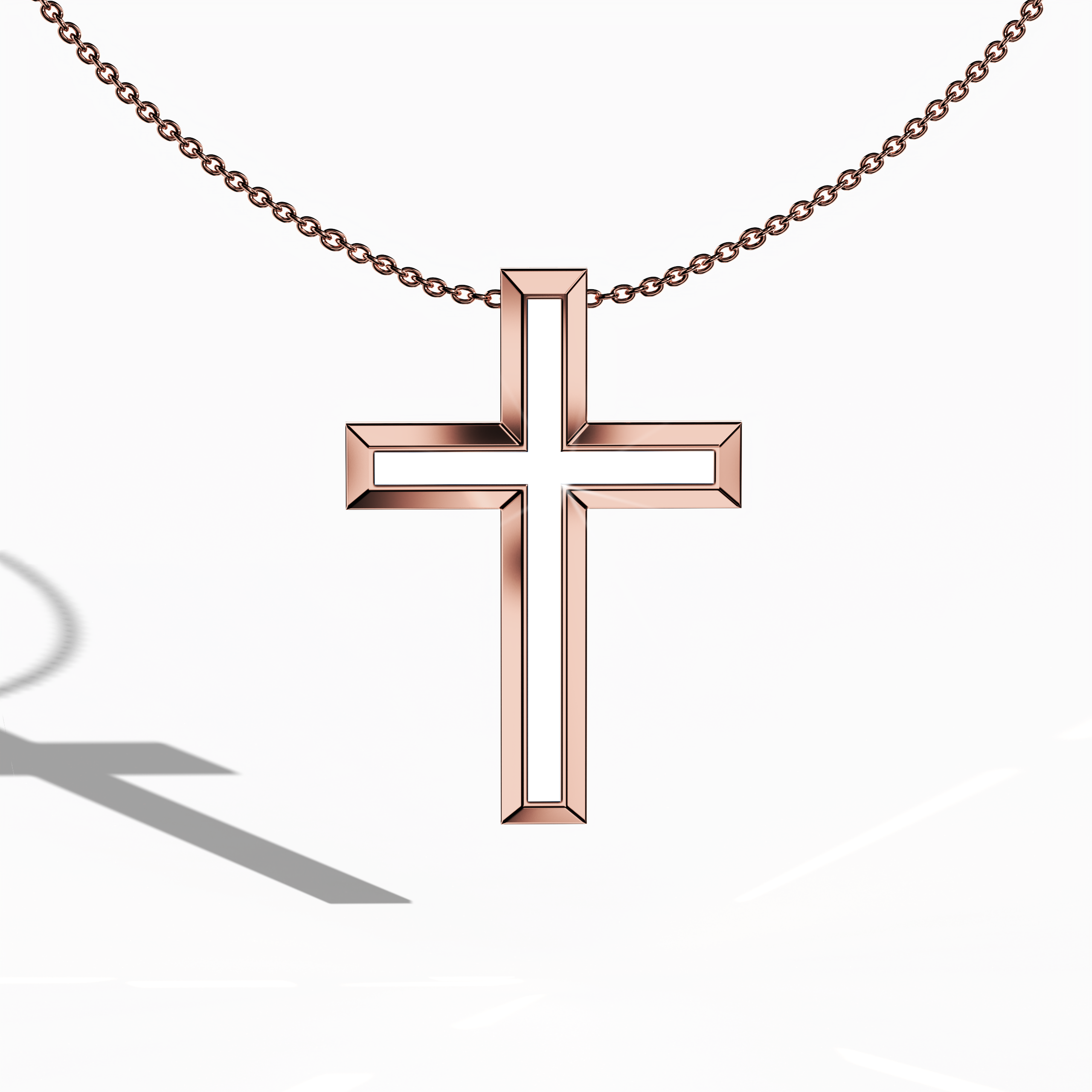 Front view of a center enamel 3‑step cross pendant in luminous rose gold, also known as pink or blush gold. Its pristine white enamel centerpiece, alternatively described as pearl or ivory enamel, is set in a layered, tri‑tier design that merges spiritual symbolism with refined modernity. This elegant jewelry piece, recognized as a multi‑step or stacked cross in various traditions, exhibits meticulous detailing and a glossy finish.
Keywords: three‑step cross, rose gold, white enamel, elegant design.