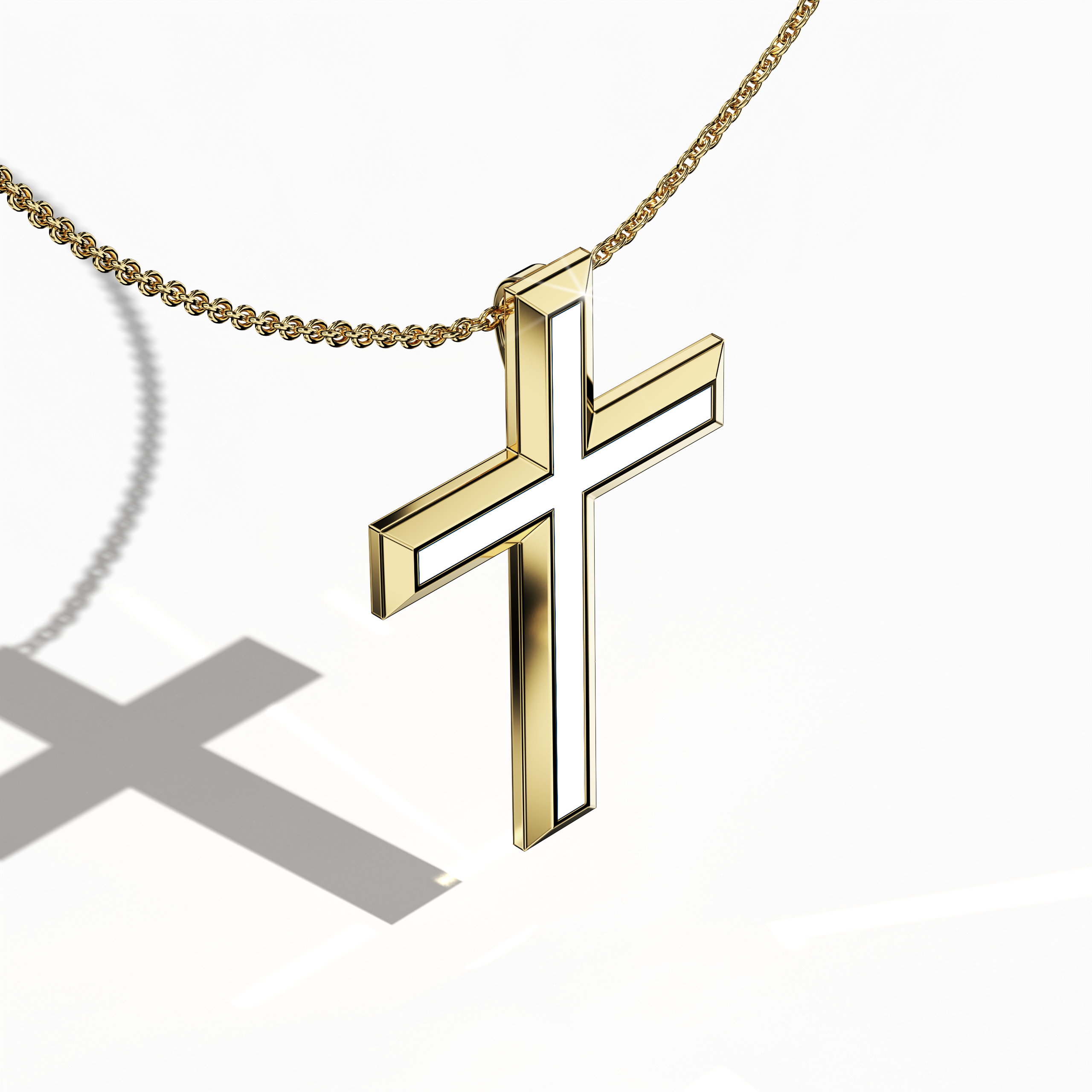 Front top side view of a center enamel 3‑step cross pendant in dazzling yellow gold, sometimes described as traditional or golden‑hued metal. The luminous white enamel core, also referred to as pearl or ivory enamel, highlights the layered, tri‑tier design that blends sacred heritage with modern refinement. This meticulously crafted piece, known as a multi‑step or stacked cross in many traditions, exhibits detailed contours and a polished finish.
Keywords: three‑step cross, yellow gold, white enamel.