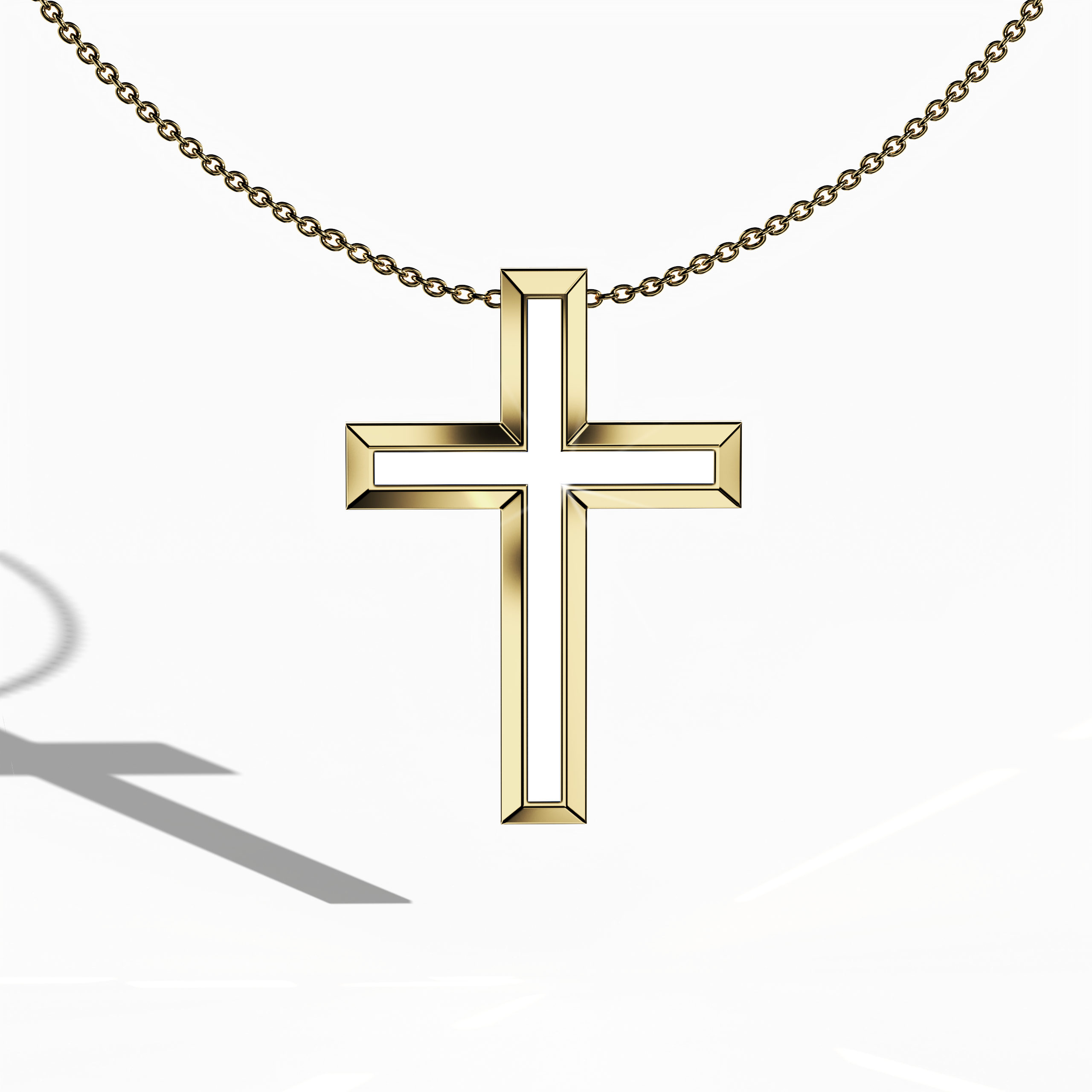 Front view of a center enamel 3‑step cross pendant in classic yellow gold, also known as traditional or golden‑hued metal. The bright white enamel centerpiece, alternatively called pearl or ivory enamel, is set within a layered, tri‑tier design that unites sacred symbolism with refined craftsmanship. This distinguished jewelry piece, recognized as a multi‑step or stacked cross in various traditions, showcases intricate detailing and a brilliant polished finish.
Keywords: three‑step cross, yellow gold.