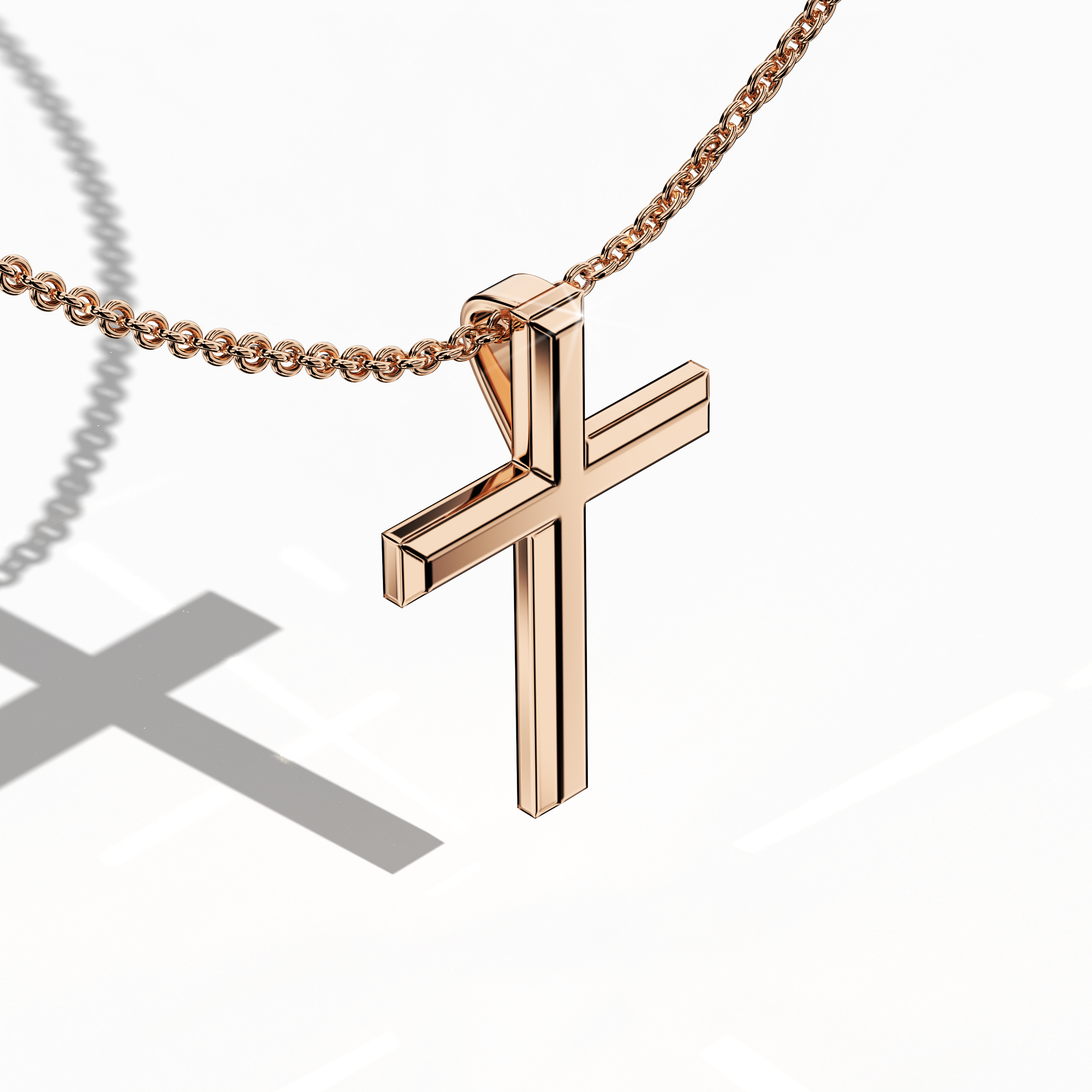 Front top side view of a three-step cross pendant in radiant rose gold, sometimes referred to as pink or blush gold in various regions. The triple-tier silhouette, also called a multi-step or stacked cross, reveals subtle dimensional depth from this angled perspective. Its polished edges capture the warm luster of rose metal, uniting faith-inspired heritage with modern grace. Keywords: three-step cross, rose gold, angled design, modern elegance.