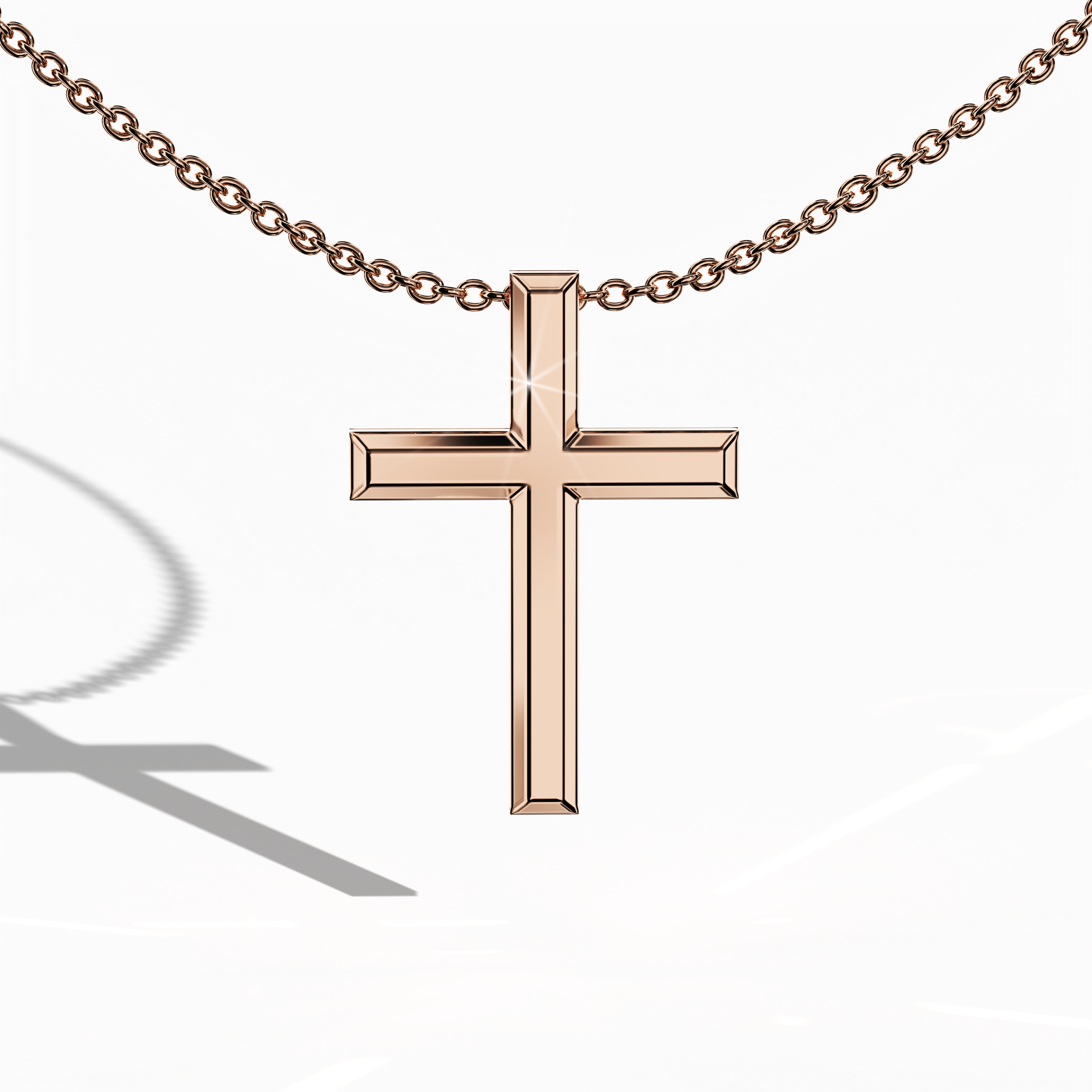 Front view of a three-step cross pendant in warm rose gold, sometimes called pink or blush gold in different locales. The triple-tier design, also known as a multi-step or stacked cross, highlights each polished layer, reflecting a soft rosy glow. This piece merges classic devotion with contemporary refinement, appealing to diverse personal styles. Keywords: three-step cross, rose gold, layered design, refined accessory.