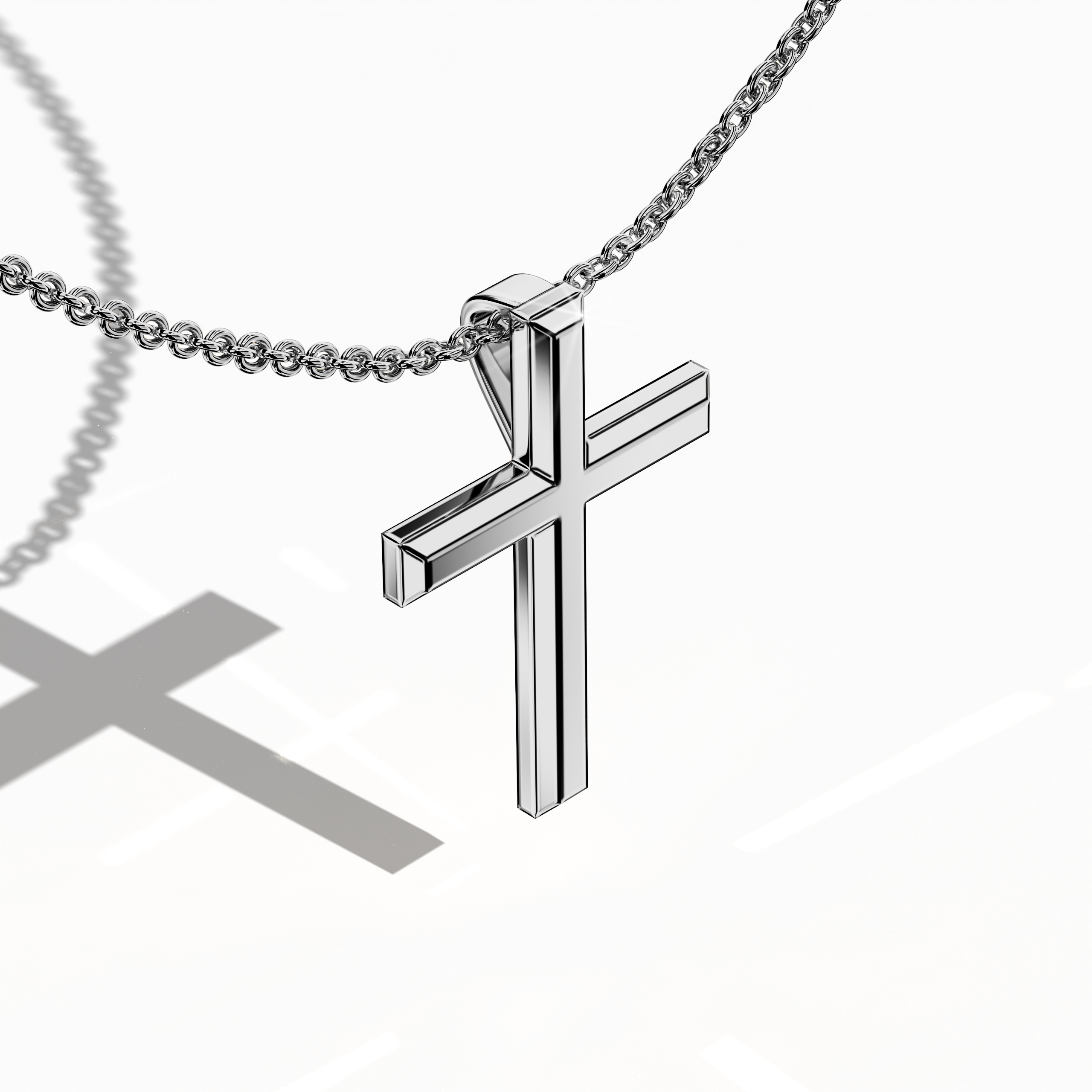 Front top side view of a three-step cross pendant in radiant white gold, sometimes referred to as pale or silver-toned gold in various locales. The triple-tier design, also known as a multi-step or stacked cross, reveals subtle dimensional layers from this angled perspective. Polished edges reflect light elegantly, merging spiritual heritage with a chic, modern twist. Keywords: three-step cross, white gold, angled design, modern flair.