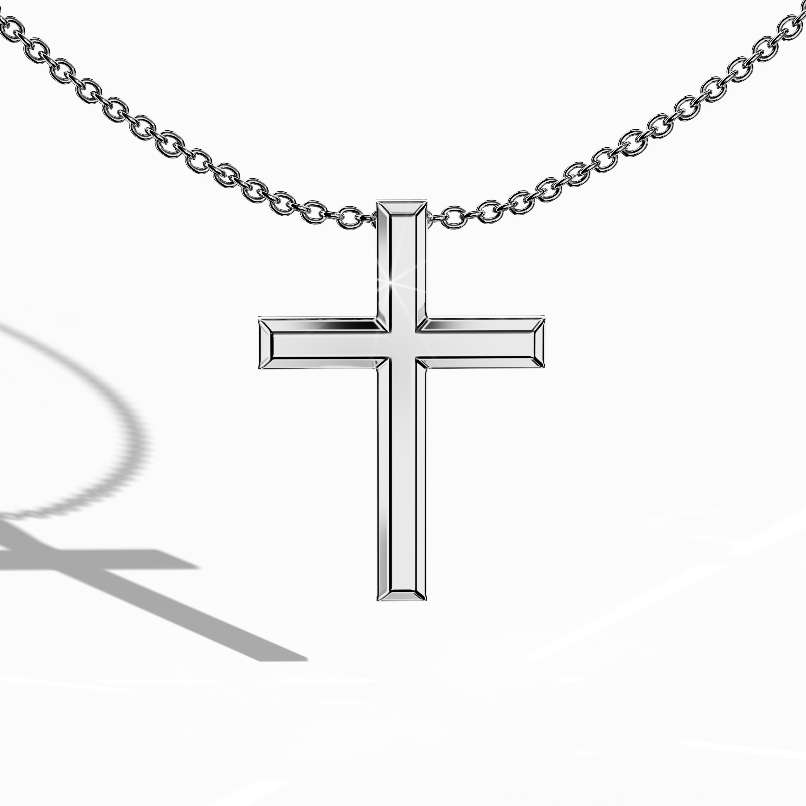 Front view of a three-step cross pendant in luminous white gold, sometimes called pale or silver-hued gold in various regions. The triple-tier design, also referred to as a multi-step or stacked cross, highlights refined craftsmanship and timeless devotion. Each tier is smoothly polished, reflecting light for a sleek finish that merges spiritual significance with contemporary elegance. Keywords: three-step cross, white gold, layered design, timeless accessory.
