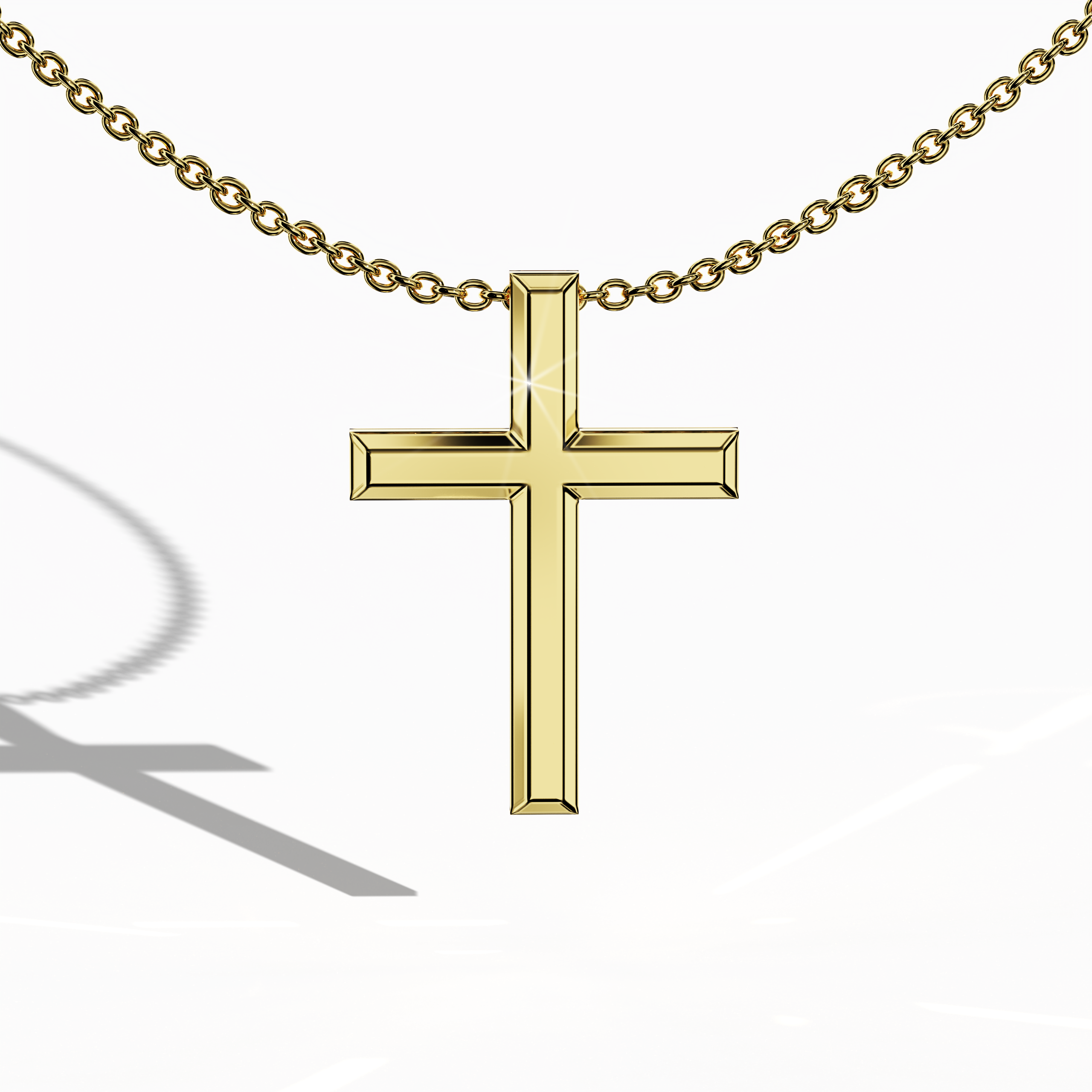 Front view of a three-step cross pendant in classic yellow gold, sometimes called traditional or golden-hued metal in various regions. The triple-tier construction, also referred to as a multi-step or stacked cross, accentuates each polished layer for a timeless statement of faith and style. Its radiant glow complements the pendant’s clean lines, merging heritage with modern aesthetics. Keywords: three-step cross, yellow gold, layered design, timeless piece.