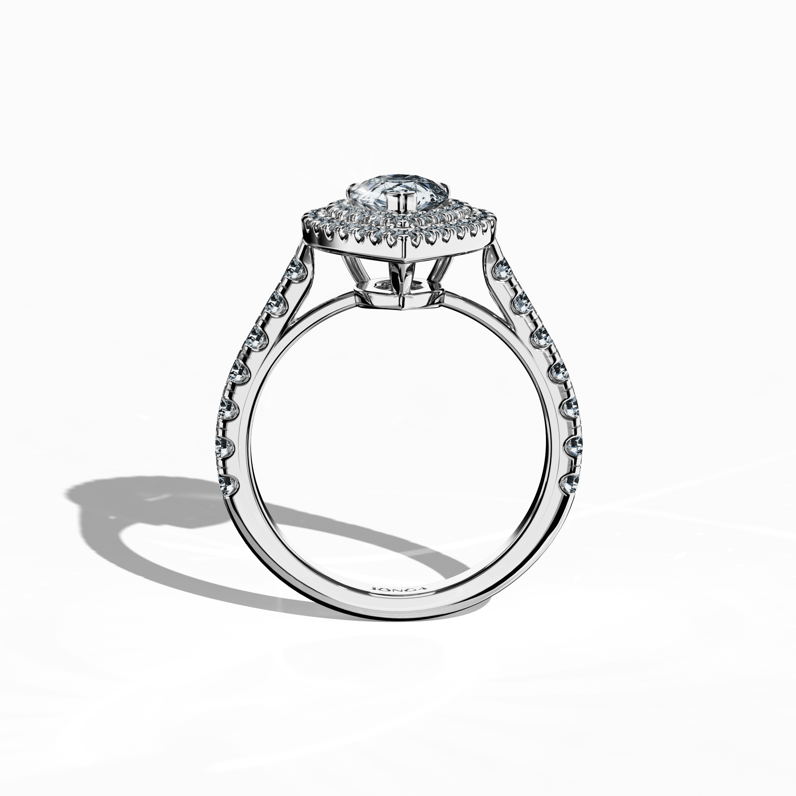 Double Halo Pear paved Ring in White gold