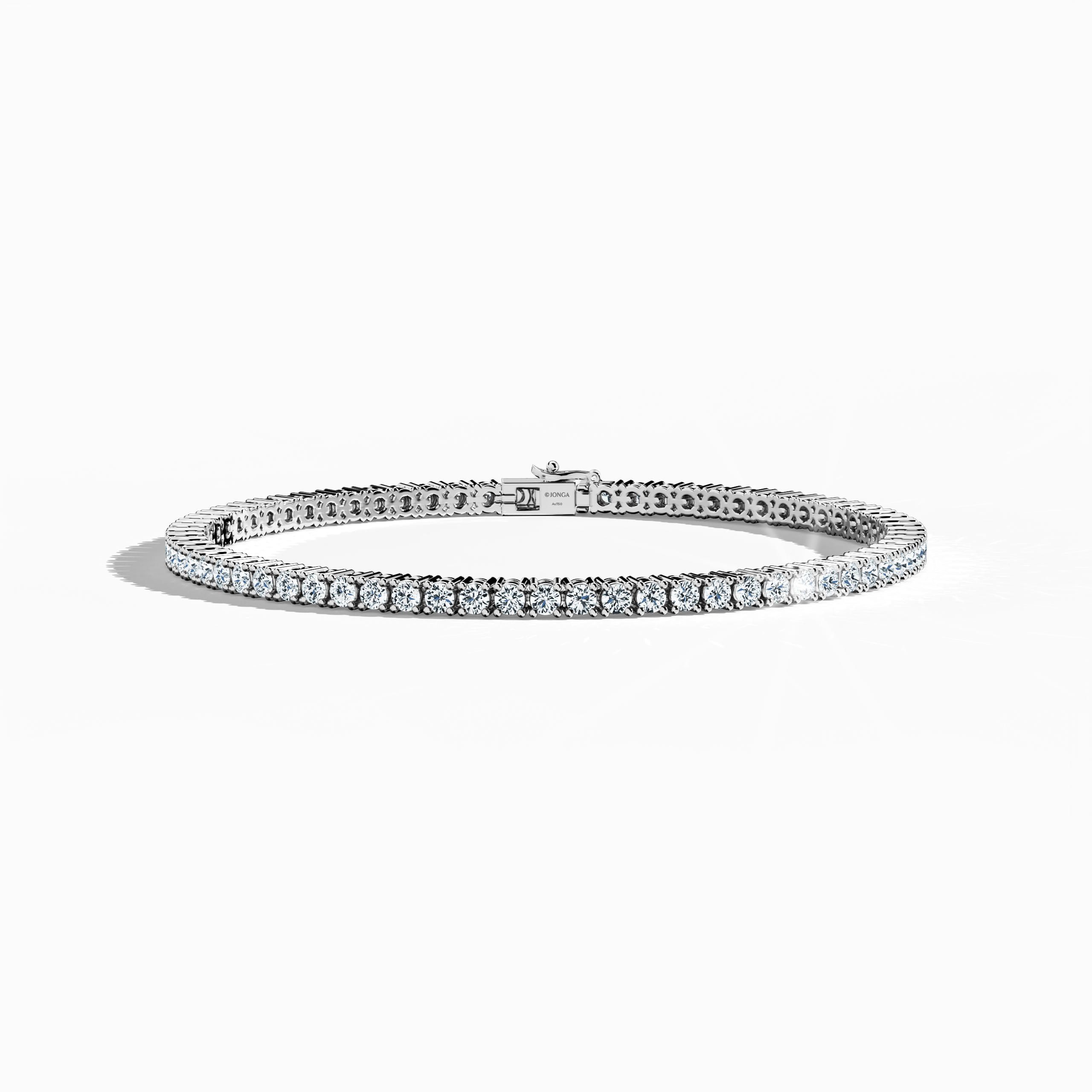 In a sleeping front top view, this 4 carat diamond tennis bracelet in platinum (alternatively known as grey gold or palladium gold) displays a continuous row of prong-set round brilliant diamonds arranged in a sleek line. Also described as a tennis bracelet, line bracelet, eternity bracelet, river bracelet, or inline bracelet, its refined four‐prong design enhances every facet’s radiance for both formal events and daily elegance. Keywords: diamond tennis bracelet, 4 carat, platinum, fine jewelry, prong 