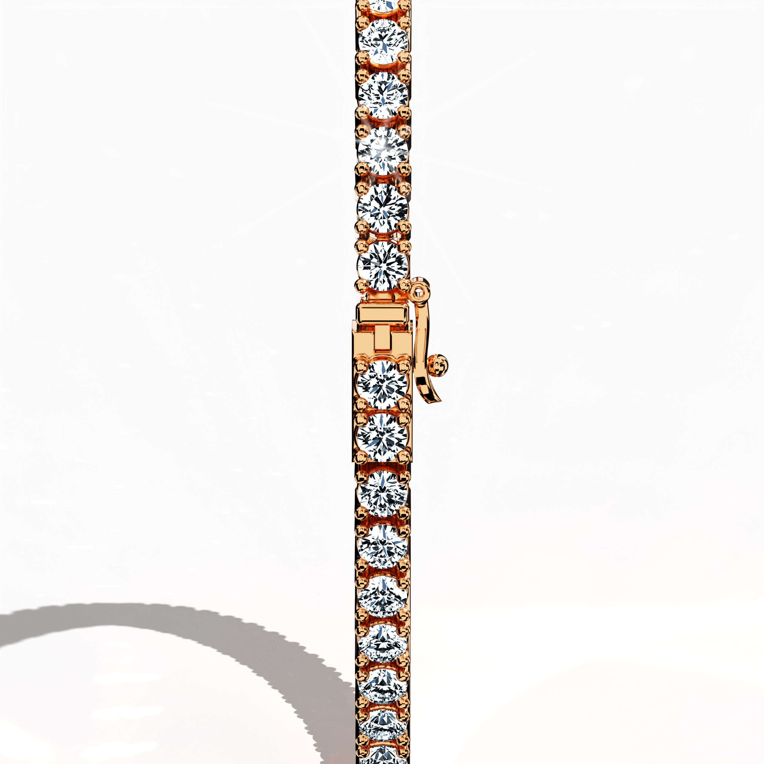 In a standing back side view, this 4 carat diamond tennis bracelet in rose gold (alternatively known as pink gold or red gold) showcases a secure clasp and an uninterrupted chain of prong-set round brilliant diamonds. Also recognized as a tennis bracelet, line bracelet, eternity bracelet, river bracelet, or inline bracelet, its elegant four‐prong design enhances the radiant sparkle of every gem, offering refined sophistication for both formal events and casual glamour. Keywords: diamond tennis bracelet.