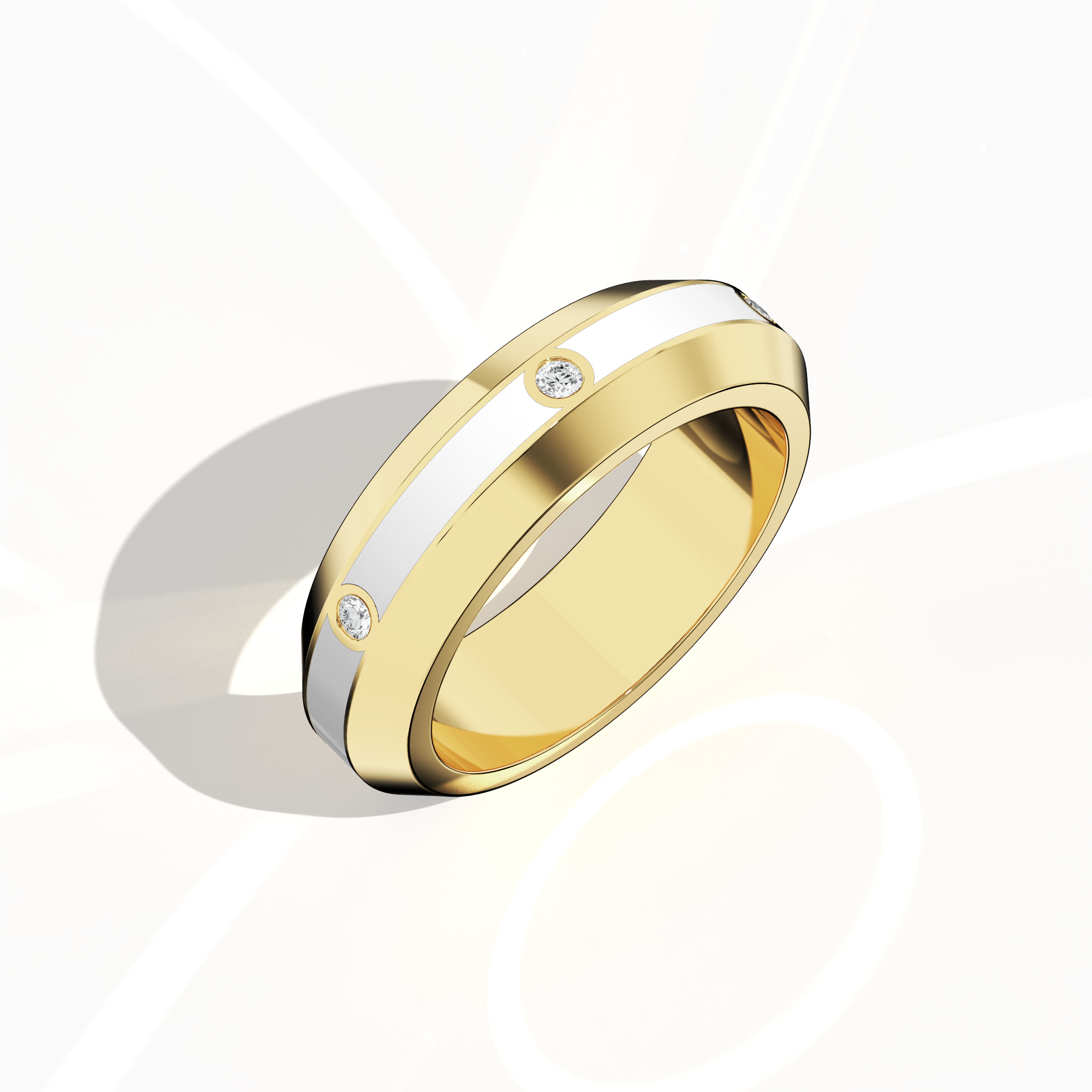 Center step White Enamel 6 diamond ring in Yellow Gold