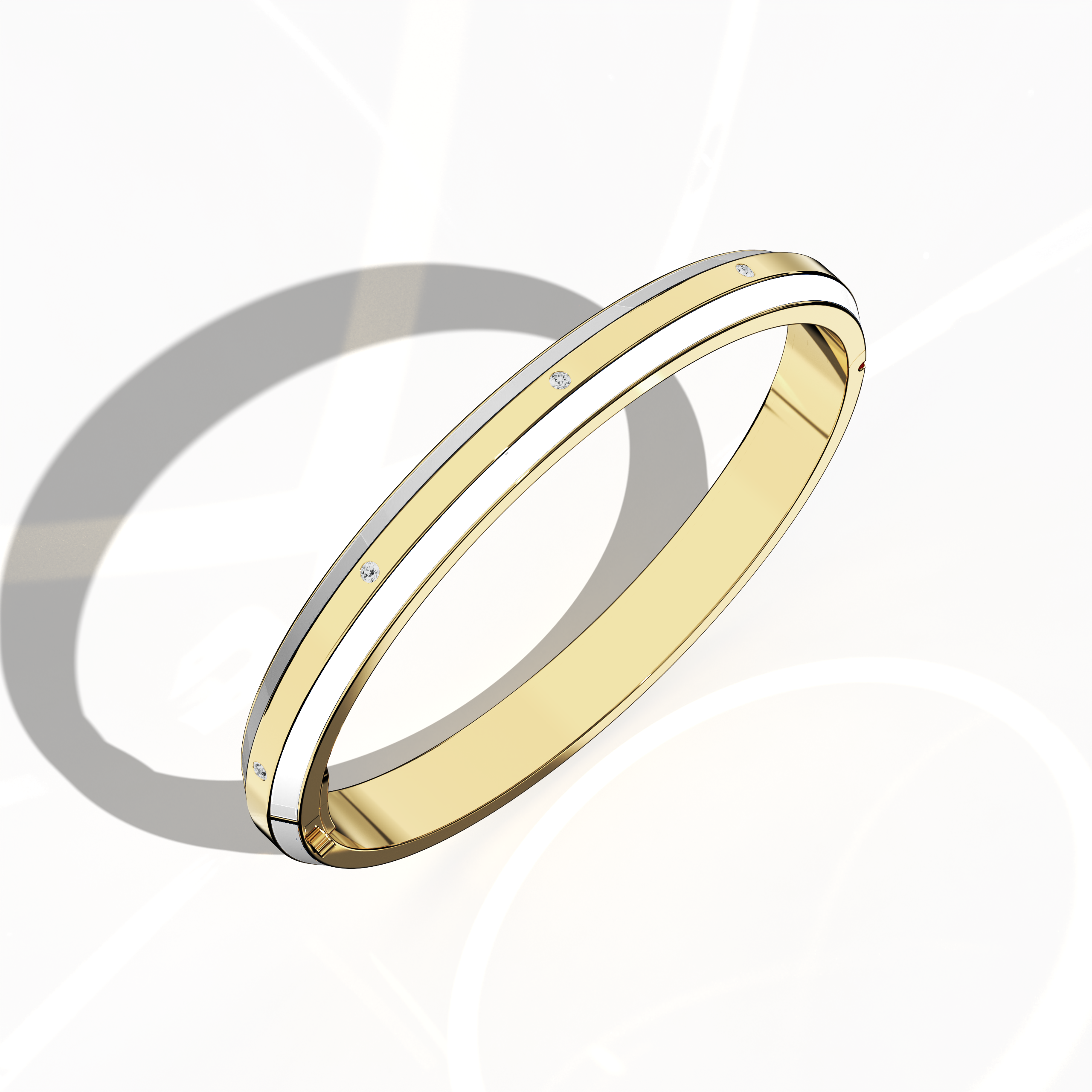 White Enamel With 9-Diamonds Bangle In Yellow Gold