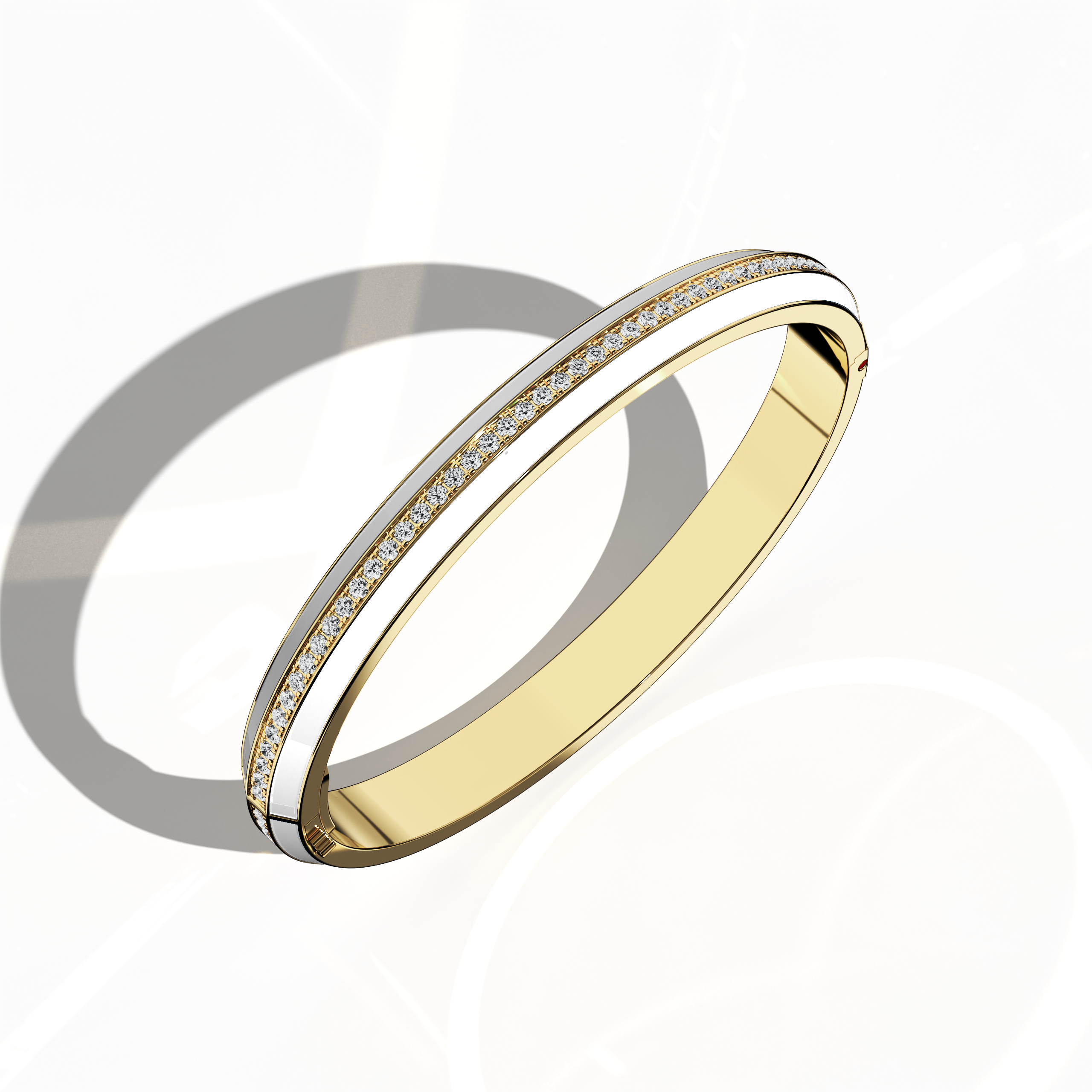 White Enamel Paved Bangel In Yellow Gold