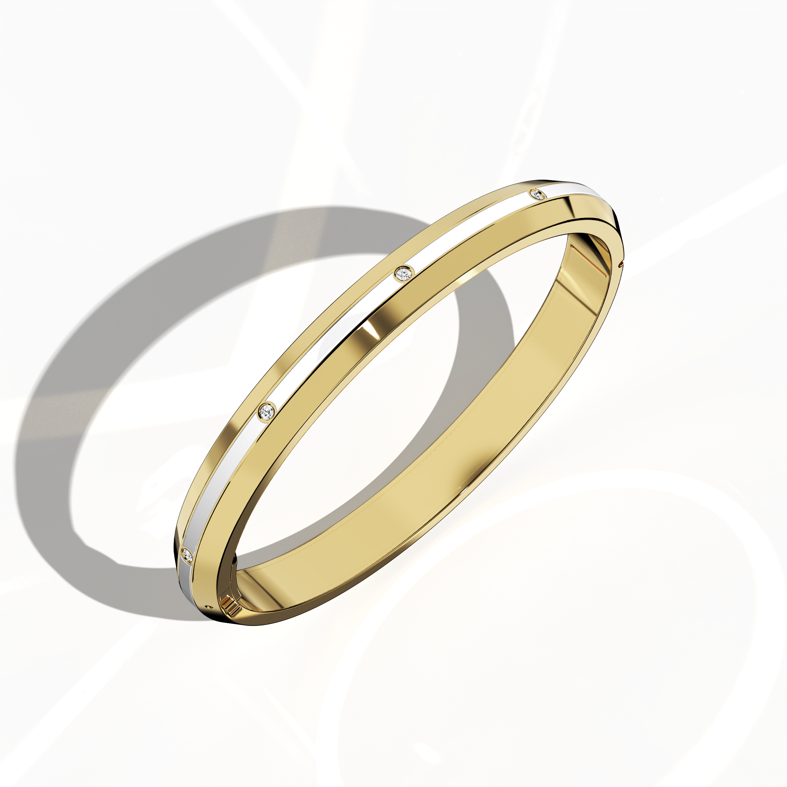 Center Step White Enamel 9-Diamond Bangle In Yellow Gold